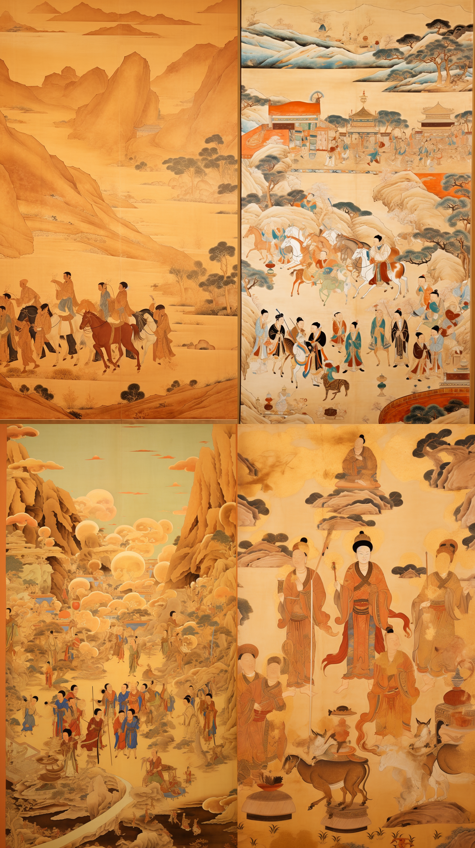 敦煌壁画，西游记师徒四人在金黄色的沙漠中行走。画面中人物微小，突出了广阔的沙漠景色。色彩鲜明，充满了艺术感。镜头使用广角镜头，捕捉到沙漠的辽阔和浩渺。光线柔和，给人一种宁静而神秘的感觉。元素中融入了金箔，增添了华丽和独特的氛围。有金箔 