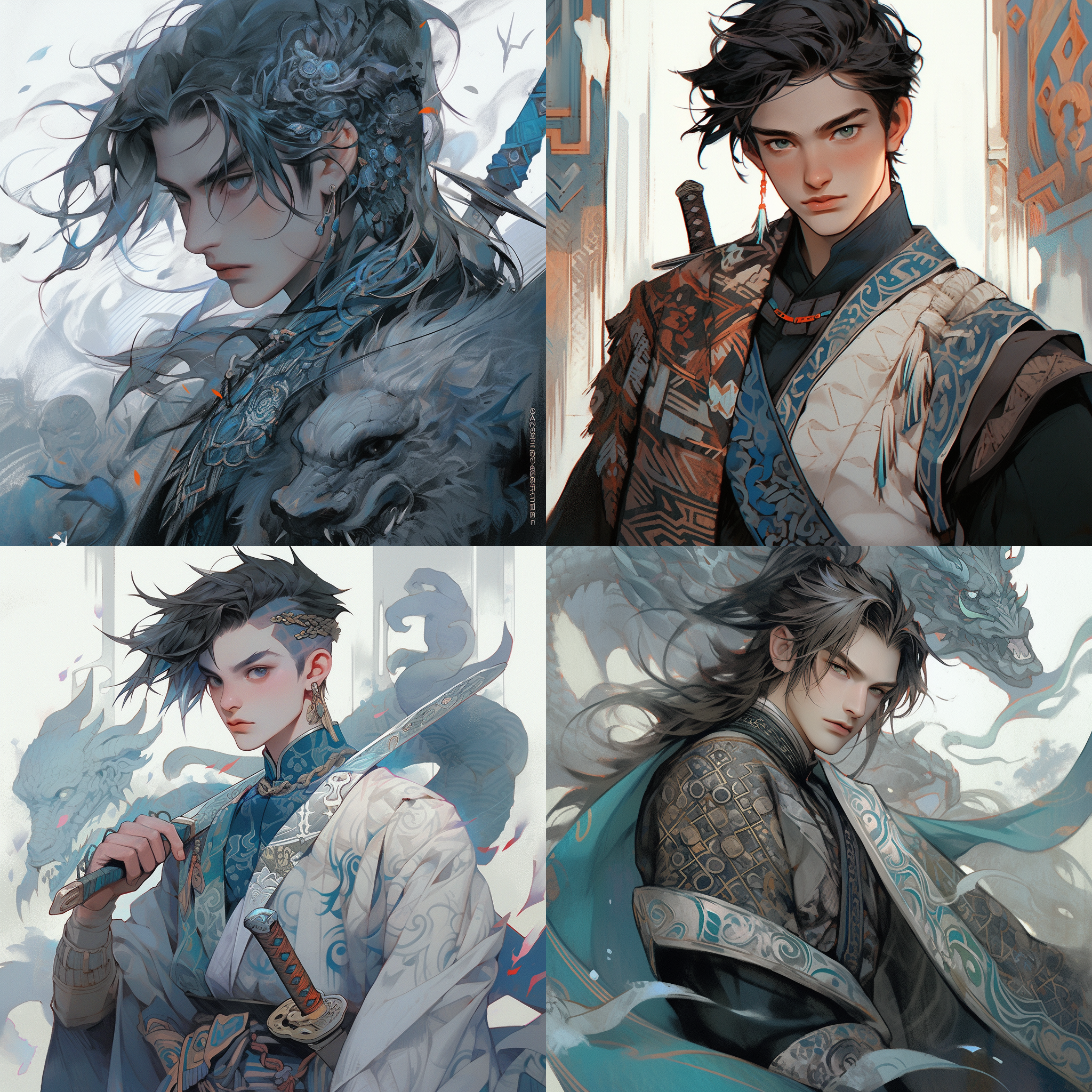 a handsome ancient chinese boy stood at the forefront with a knife, in the style of artgerm, densely patterned imagery, blue and grey, powerful portraits, gongbi, painted illustrations