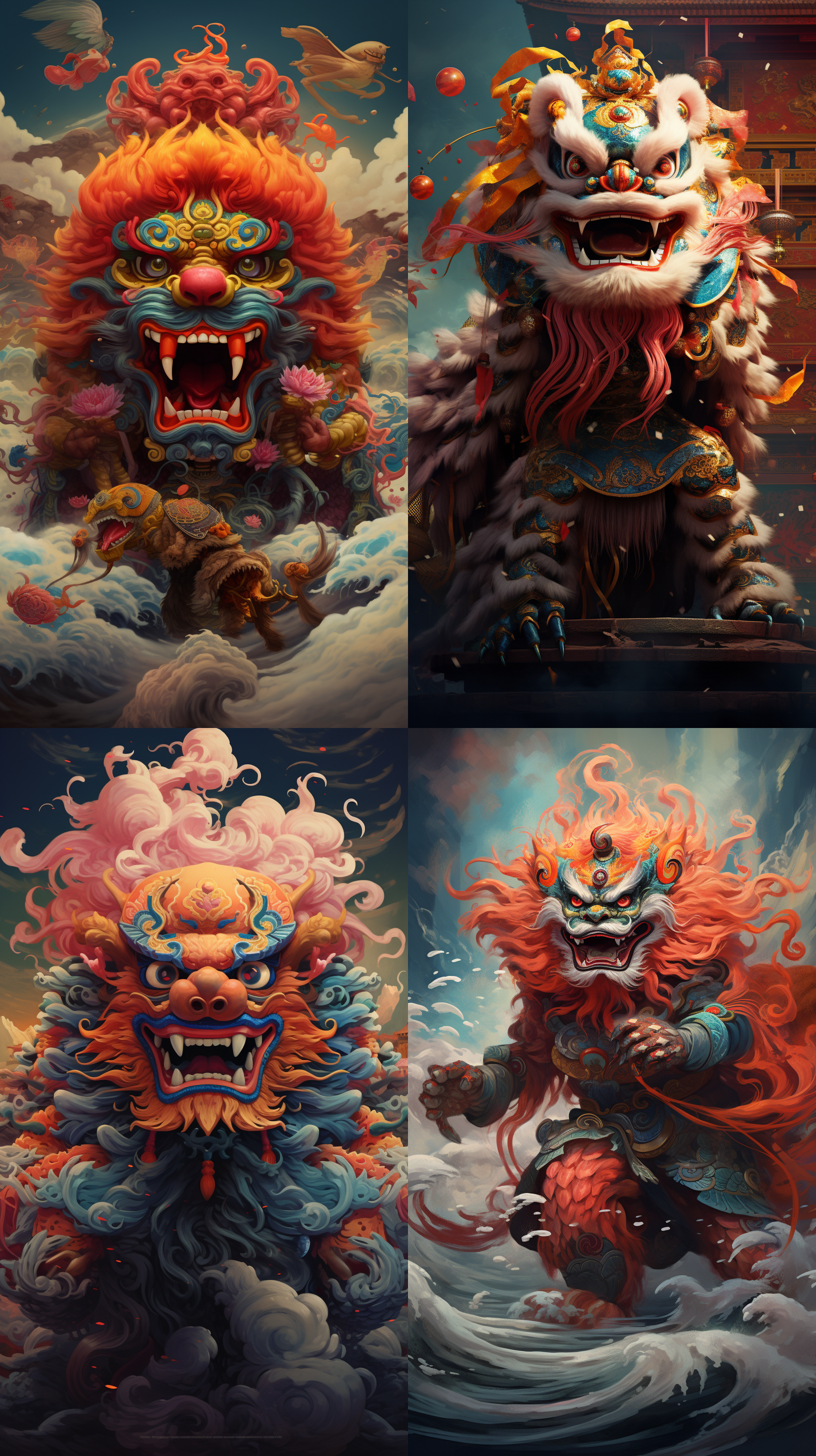 chinese lion dance, with a rich anocolorful way of thinking, gregorz domaradzkismoky background,detailed characterillustrations,nicolas mignard, traditional oceanart, layered images with subtle satire, 4k,