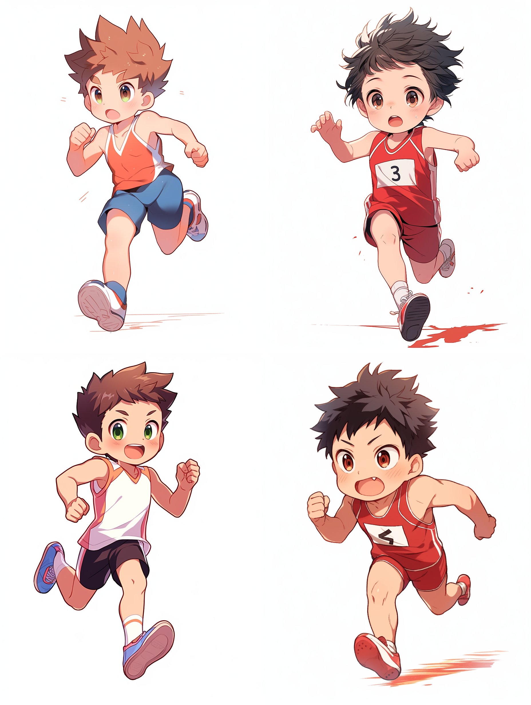 一个卡通小男孩，运动服装，表情可爱，百米冲刺，专业赛道，白色背景