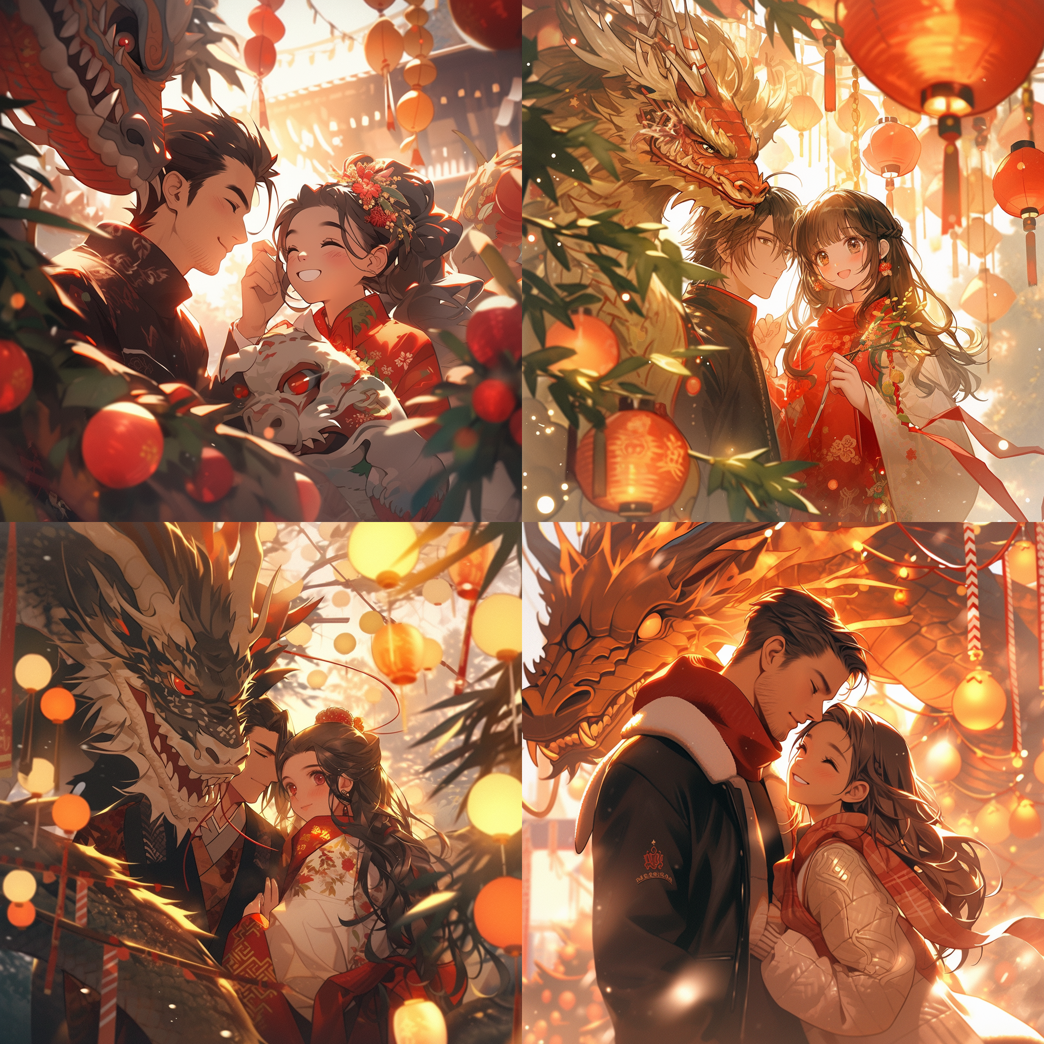 一对情侣在中国春节拜年，阳光透过松树洒下，形成crepusical rays，背景是中国龙，动漫风格，quixel megascans渲染，快乐和谐，喜庆氛围。帅气美丽