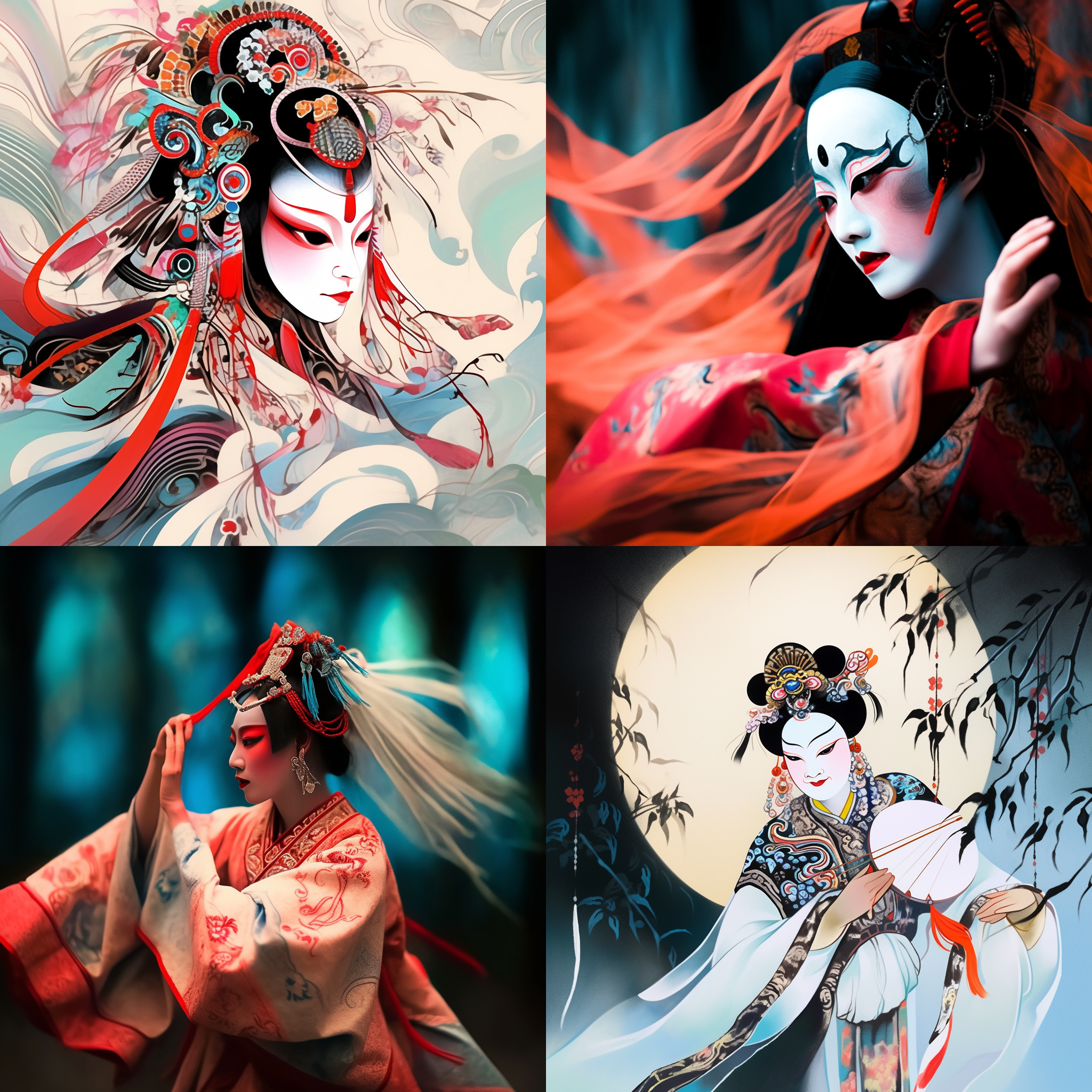 京剧演员戴着精美的古代汉服，手持毛笔书法作品，背景是传统的中国画境。构图对称，配色明亮鲜艳，使用广角镜头突显场景氛围。光线柔和，营造出神秘而庄重的氛围。动作优雅流畅，表情丰富，体现了中国传统文化的美与魅力。