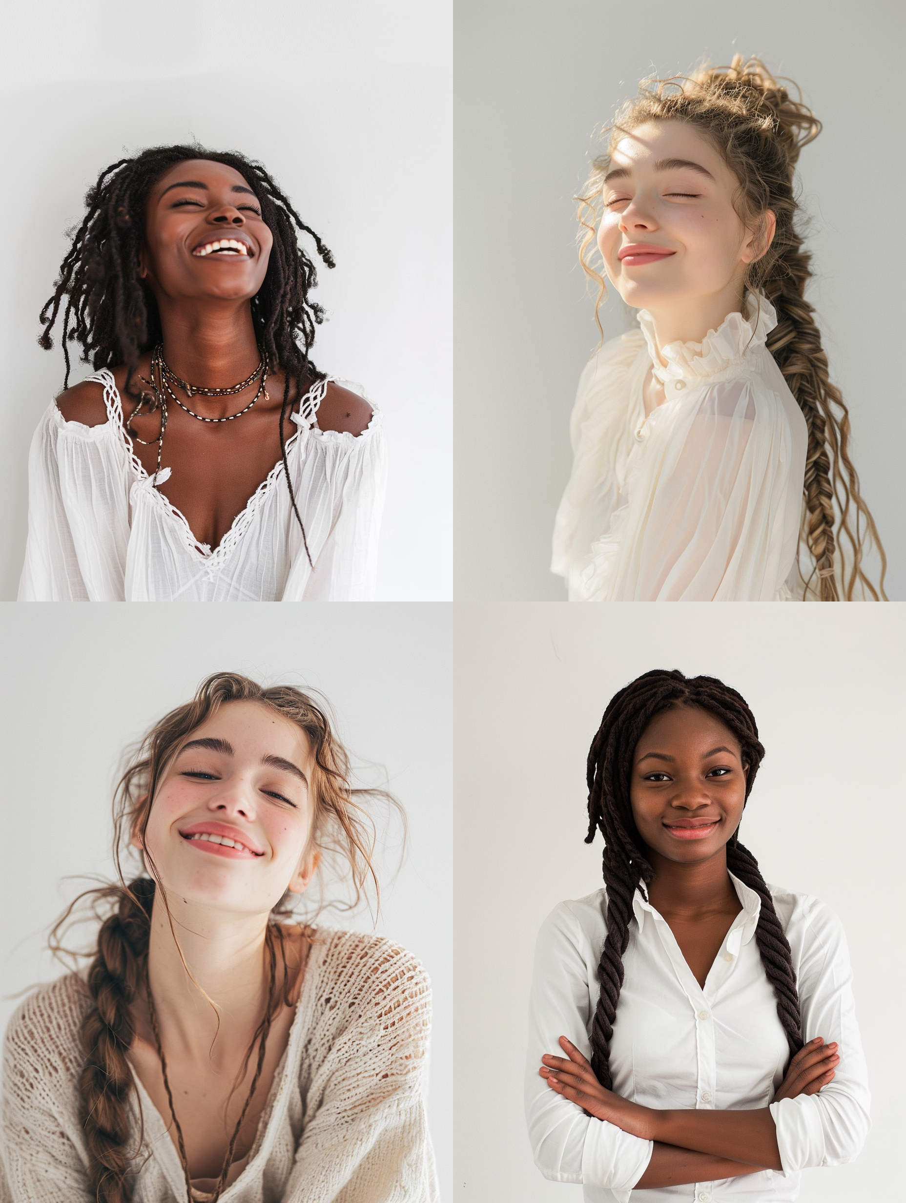 麻花辫女孩，白色背景，中央构图，明亮光线，纯净感，大笑，自然表情，细节清晰，肖像摄影，柔光，温暖色调，纯白色，青春活力。