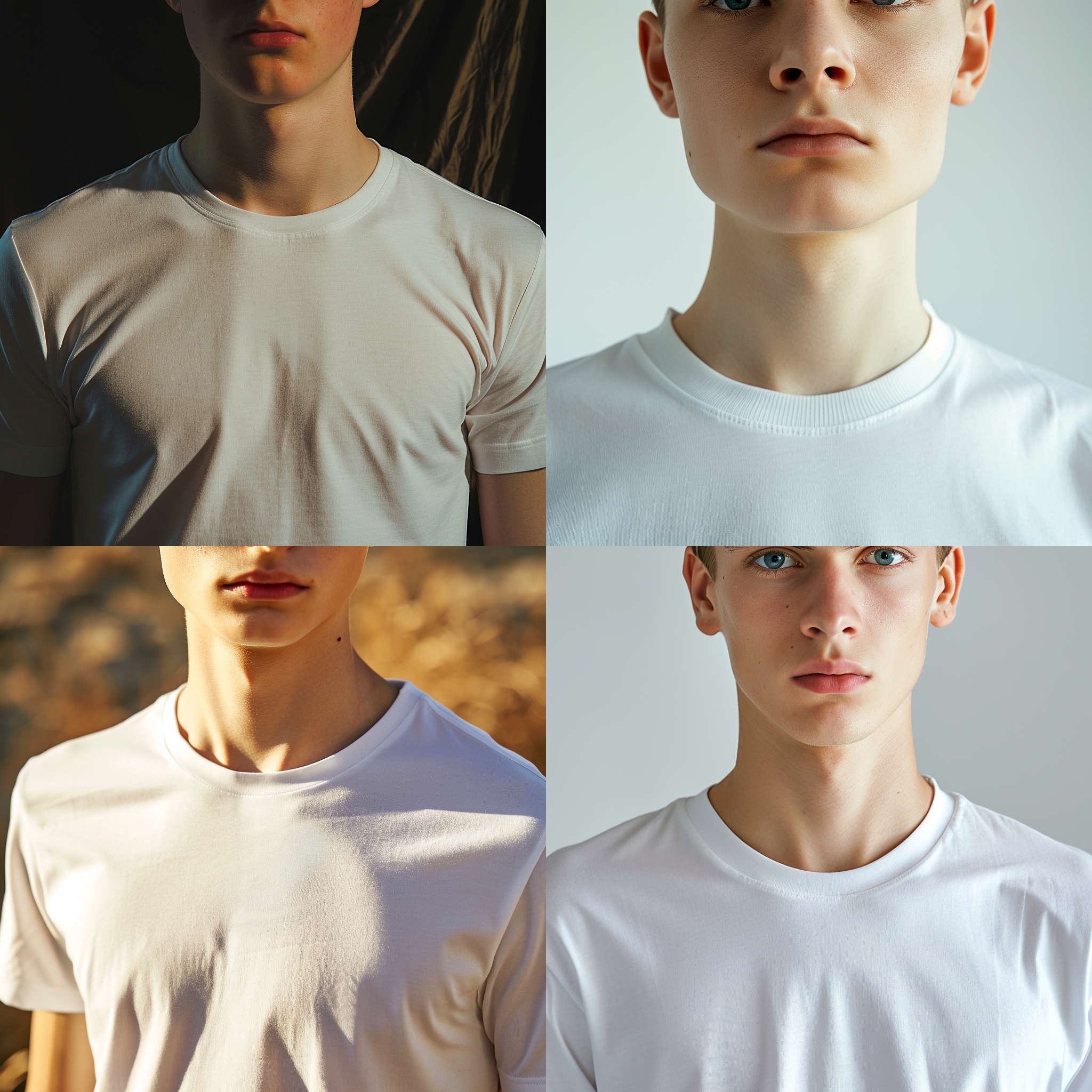 年轻男性，180厘米，白色涤纶短袖t恤，正面光 特写 对称构图