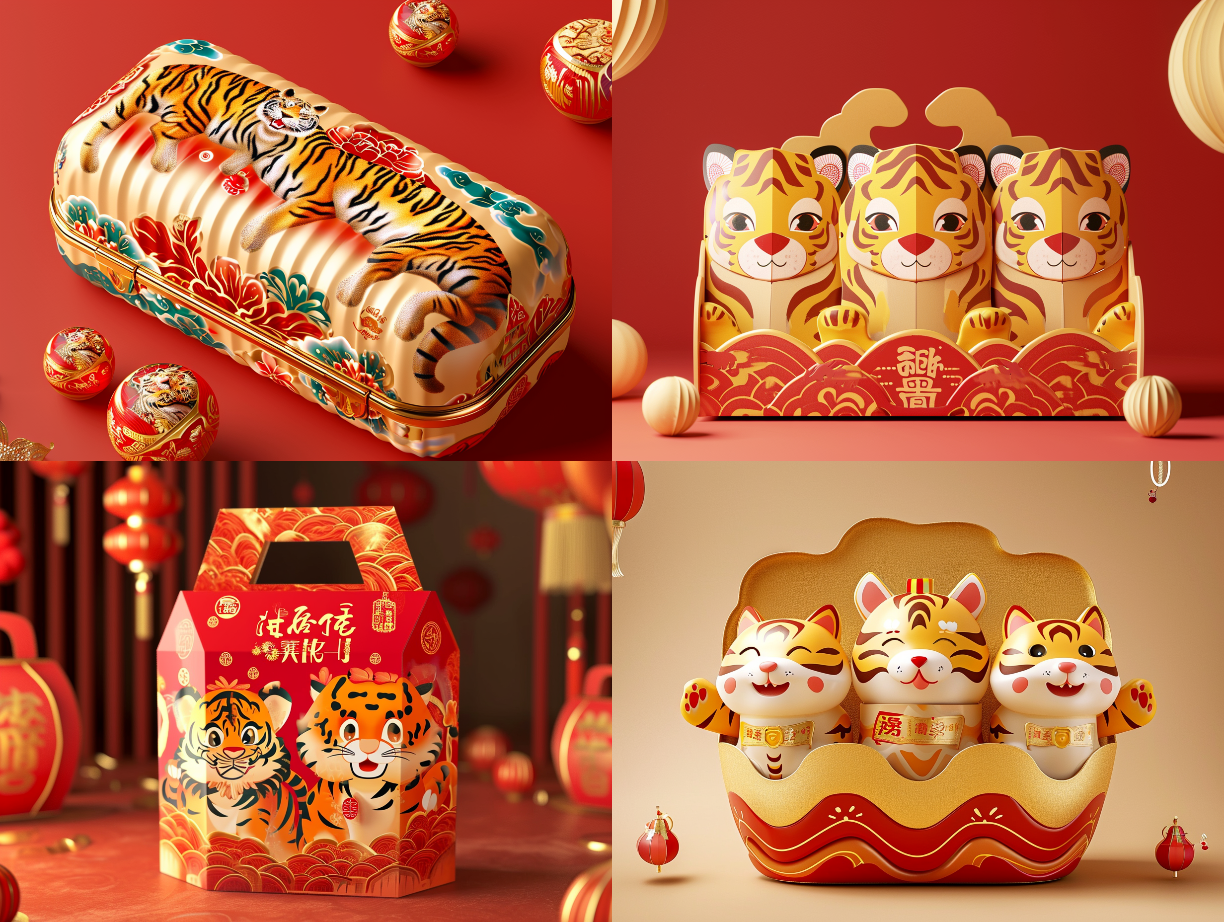 一个造型独特的零食包装盒，大胆的想象，淡金色与红色主色调，国潮风格,梦幻般的插画，三只卡通老虎元素，瓦楞纸材质,高细节,产品摄影，影棚光照，中国新年氛围 充满阳光 居中构图 暖光