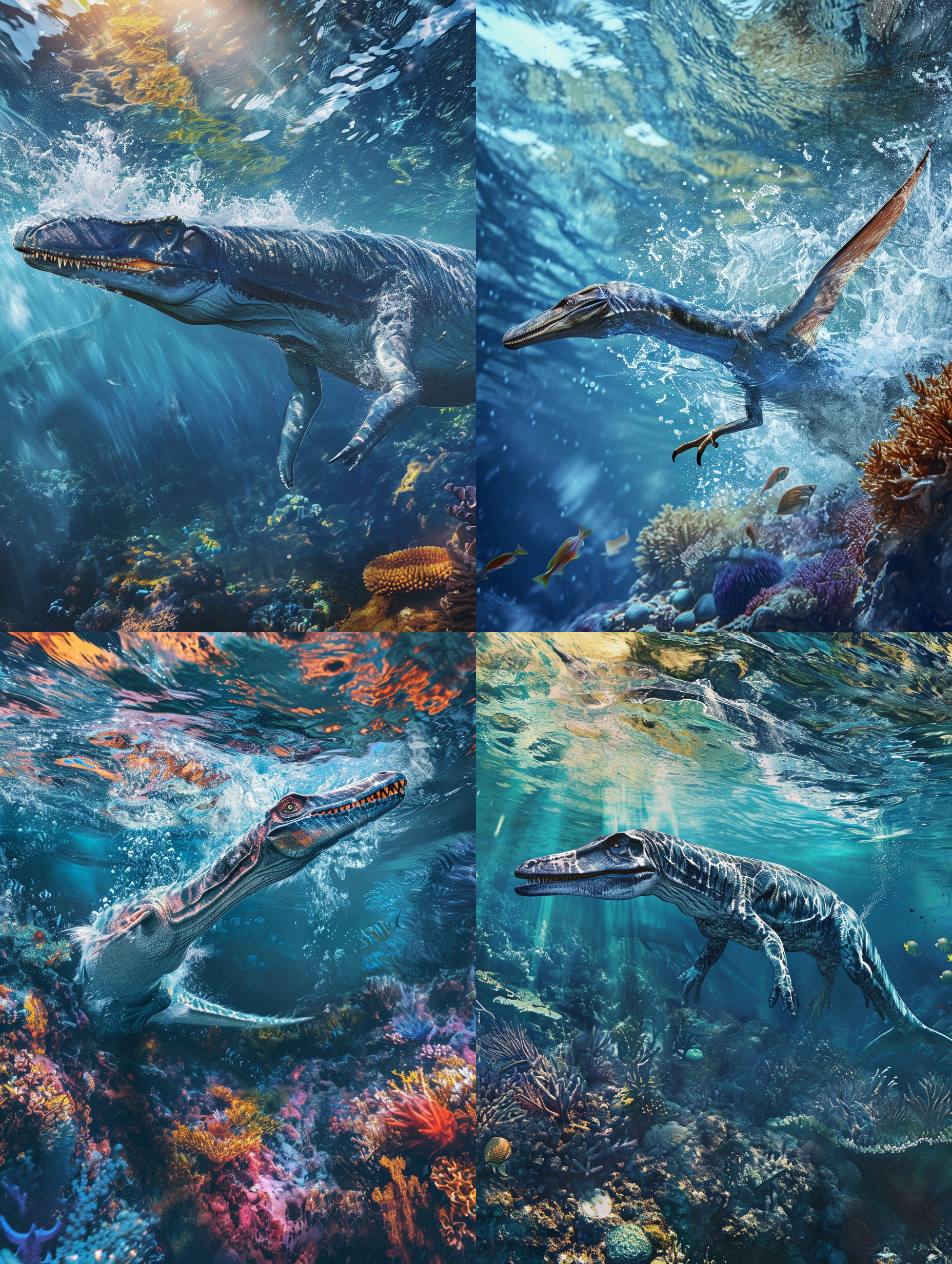 在侏罗纪场景中，liopleurodon在浅海中垂直冲向水面。照片采用鸟瞰视角，展现出恐龙的巨大体型和强烈动感。水下景观清晰可见，色彩鲜艳，呈现出深蓝色的海洋和多彩的珊瑚礁。恐龙身上的鳞片细节以及水花飞溅都能清晰捕捉到。恐龙眼神凶猛，整个画面充满着力量和野性。侧光照亮了主体，并营造出神秘的氛围。侏罗纪，liopleurodon，鸟瞰视角，水面冲刺，色彩鲜艳，水下景观，珊瑚礁，鳞片细节，水花飞溅，凶猛眼神，力量，野性，侧光，神秘。