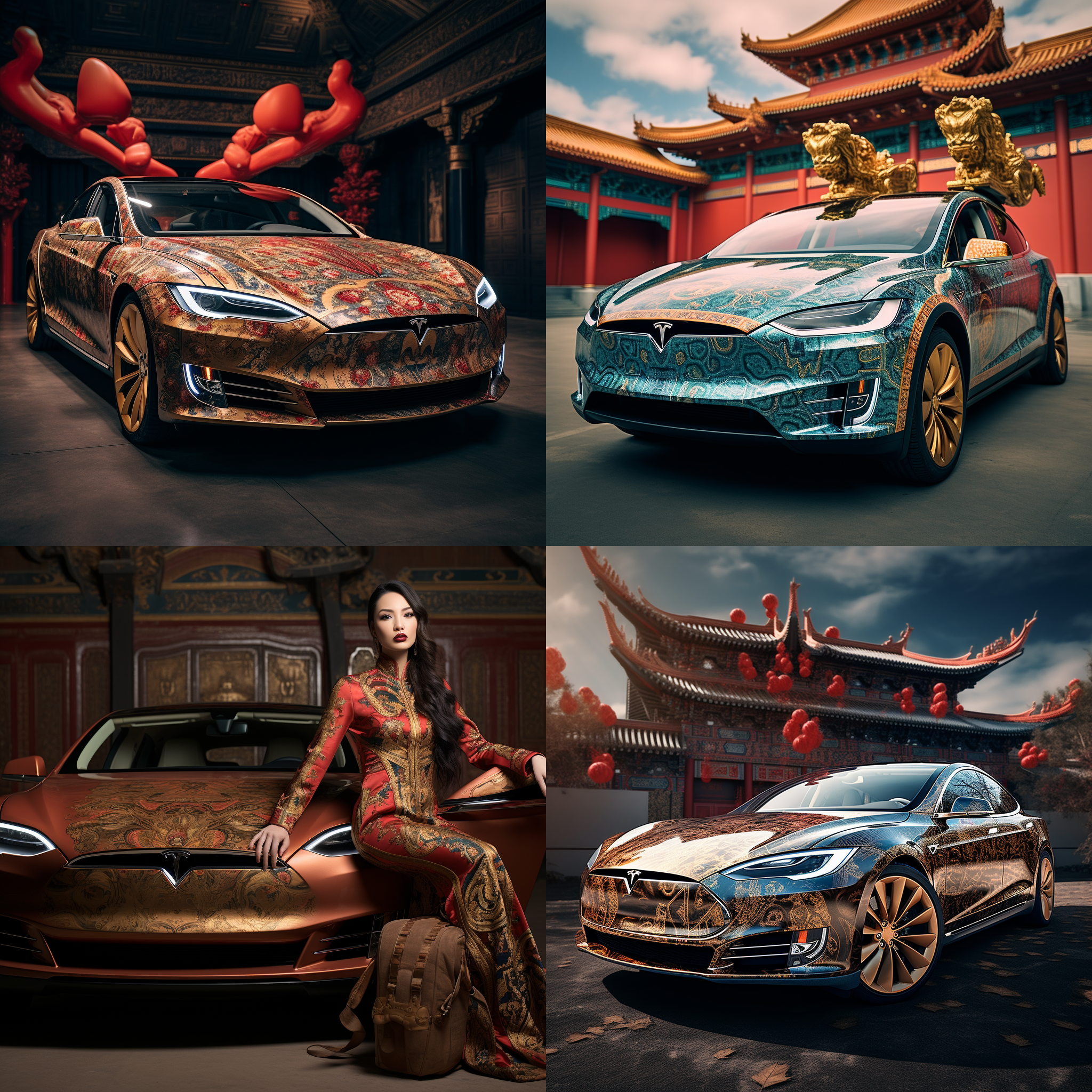 超现实的特斯拉汽车，装饰着中国战国青铜器的纹饰，马力十足。车身设计大气尊贵，中国古风与未来电动跑车完美结合。旁边是一位清纯火辣的中国古装美女，与车风格相得益彰。高对比度，宽广镜头，光线明亮，动感十足，色彩丰富，令人震撼。