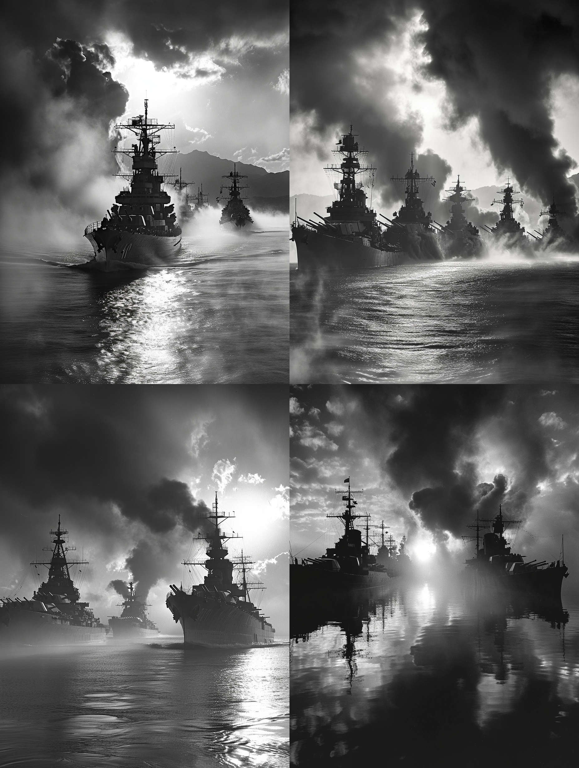 二战，珍珠港。太平洋日出，战舰排成一列，烟雾弥漫。逆光拍摄，高动态范围，黑白图像，广角镜头，冲击力，震撼人心，充满历史感。