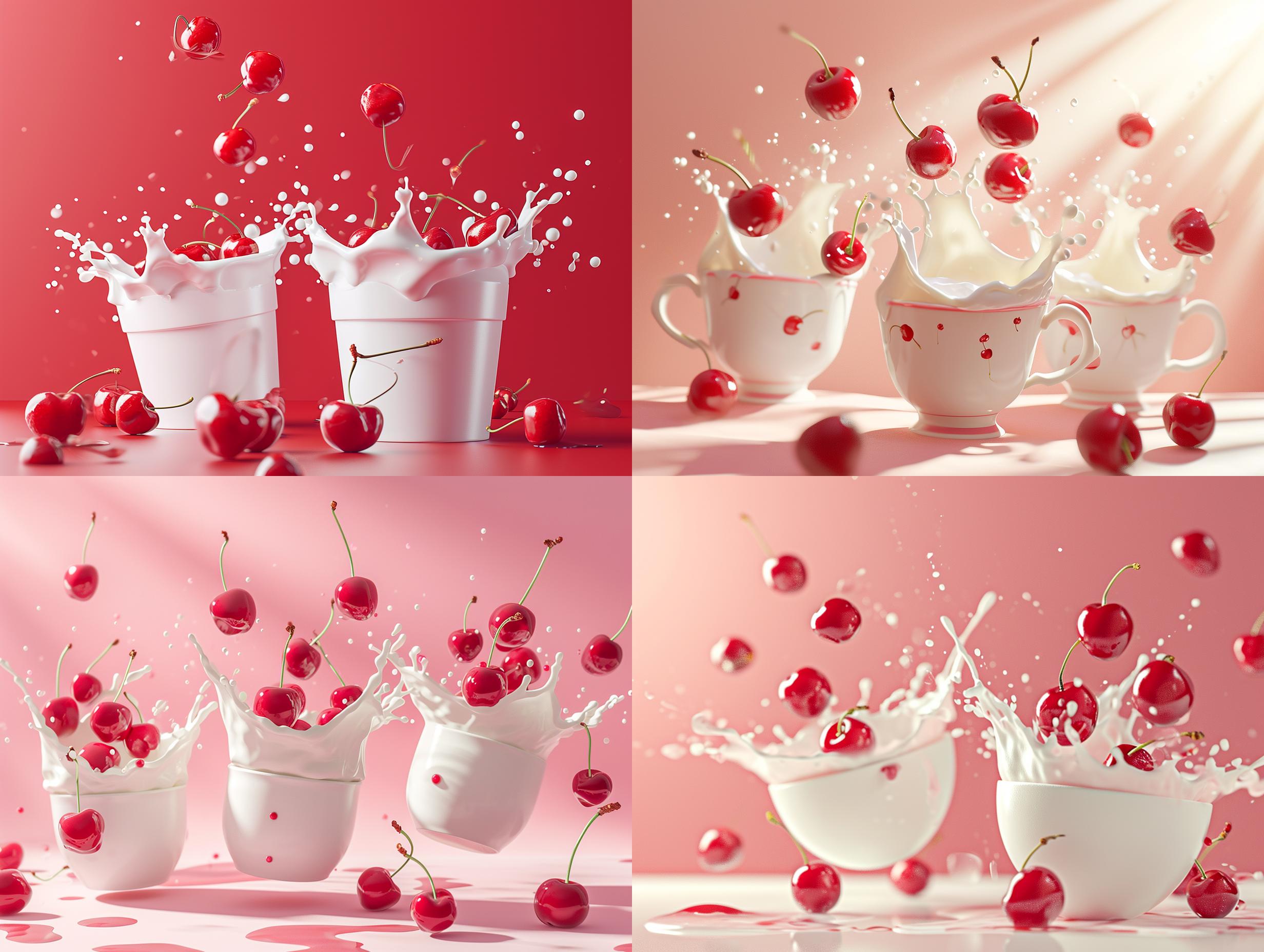 樱桃在牛奶杯里，溅出来的牛奶，空中飘落着樱桃，超真实写真，c4d，3d，高清，纯色背景 充满阳光