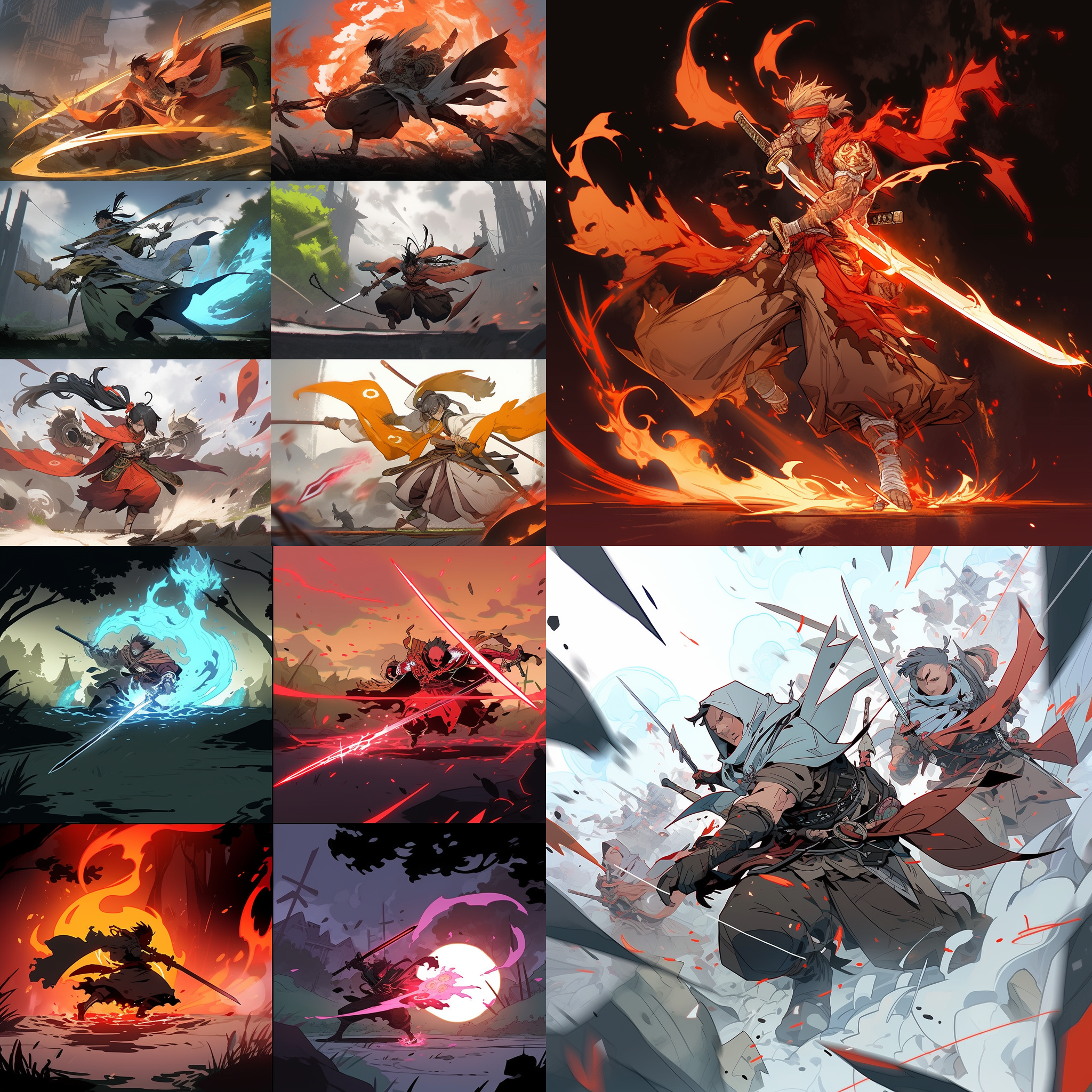 大剑游戏角色，壮观的动作场景，烟雾弥漫的战斗环境，暖色调，宽广的构图，长焦镜头，迅猛的攻击动作，高光和阴影的对比，激烈的战斗氛围，决绝与勇敢。