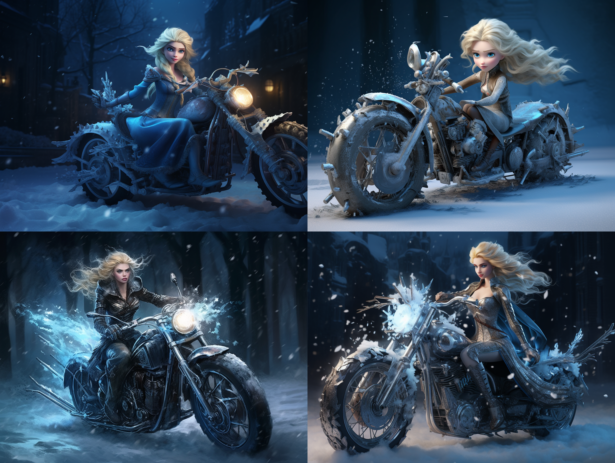 爱莎公主骑着哈雷摩托车，摩托车后轮变成冰了，车子后面冰渣乱飞