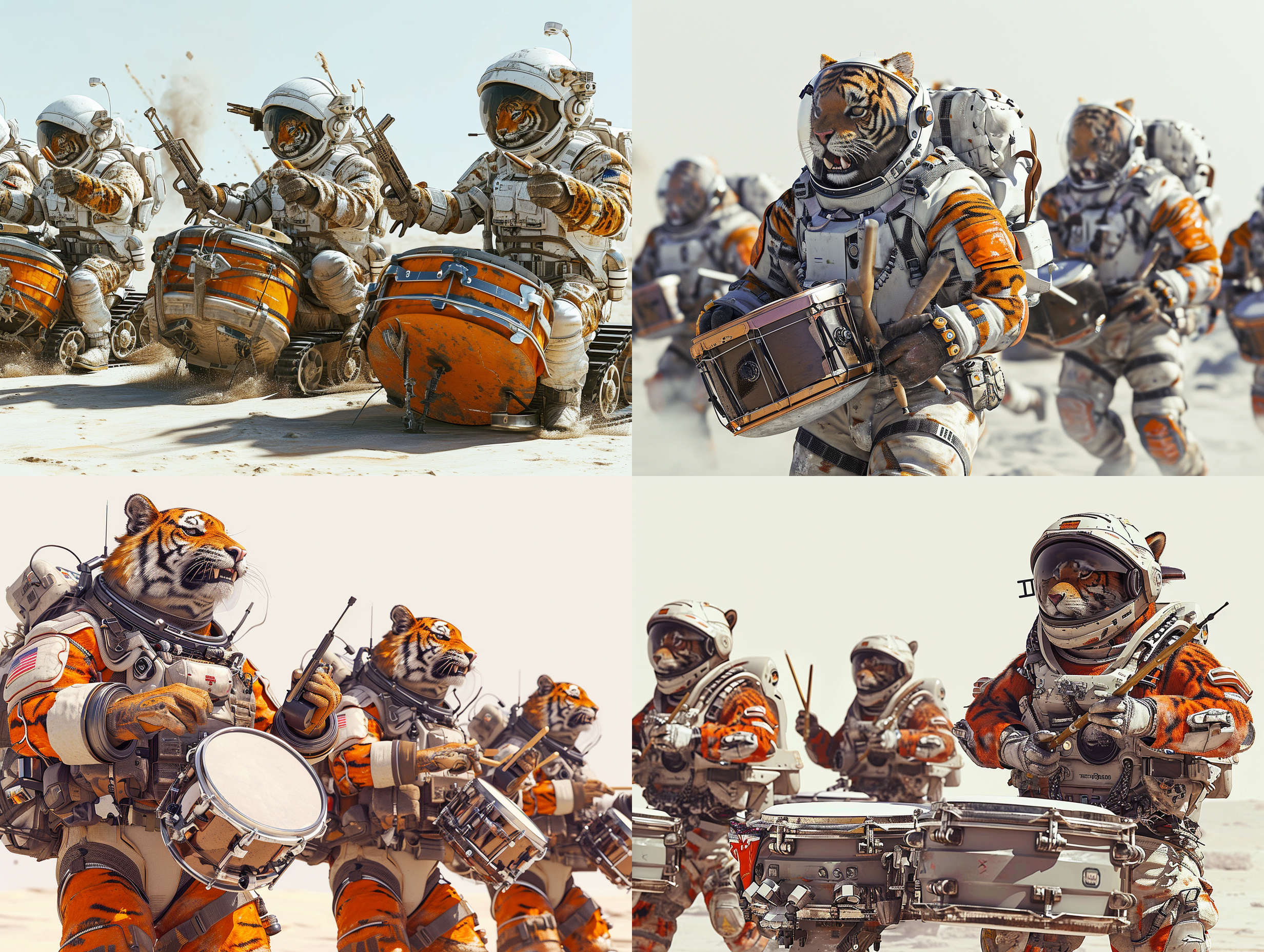 穿着太空服的虎兵在打鼓，旁边有坦克。虚幻引擎，超真实 白色背景，动画艺术 动画艺术 动画艺术 动画艺术