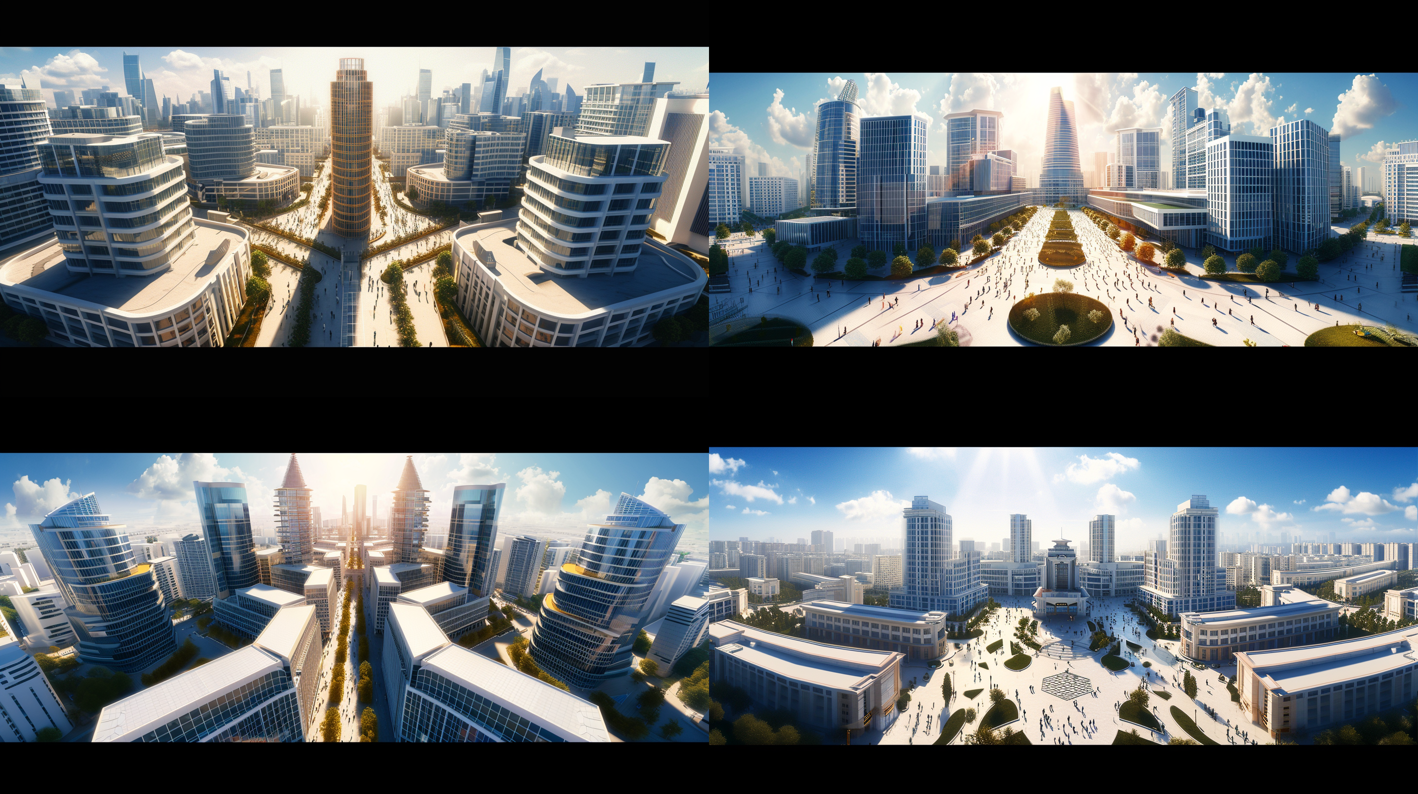 企业大楼远景俯瞰，高分辨率1920x1080，作为商业网站首页的图。构图对称，清晰明亮，呈现宏伟壮观的建筑风貌。阳光照射下，建筑群呈现出温暖的色调。从近到远高低坐落着许多商业大楼，人群在楼前来往，展现商业繁忙的场景。图片为高清写实摄像风格。