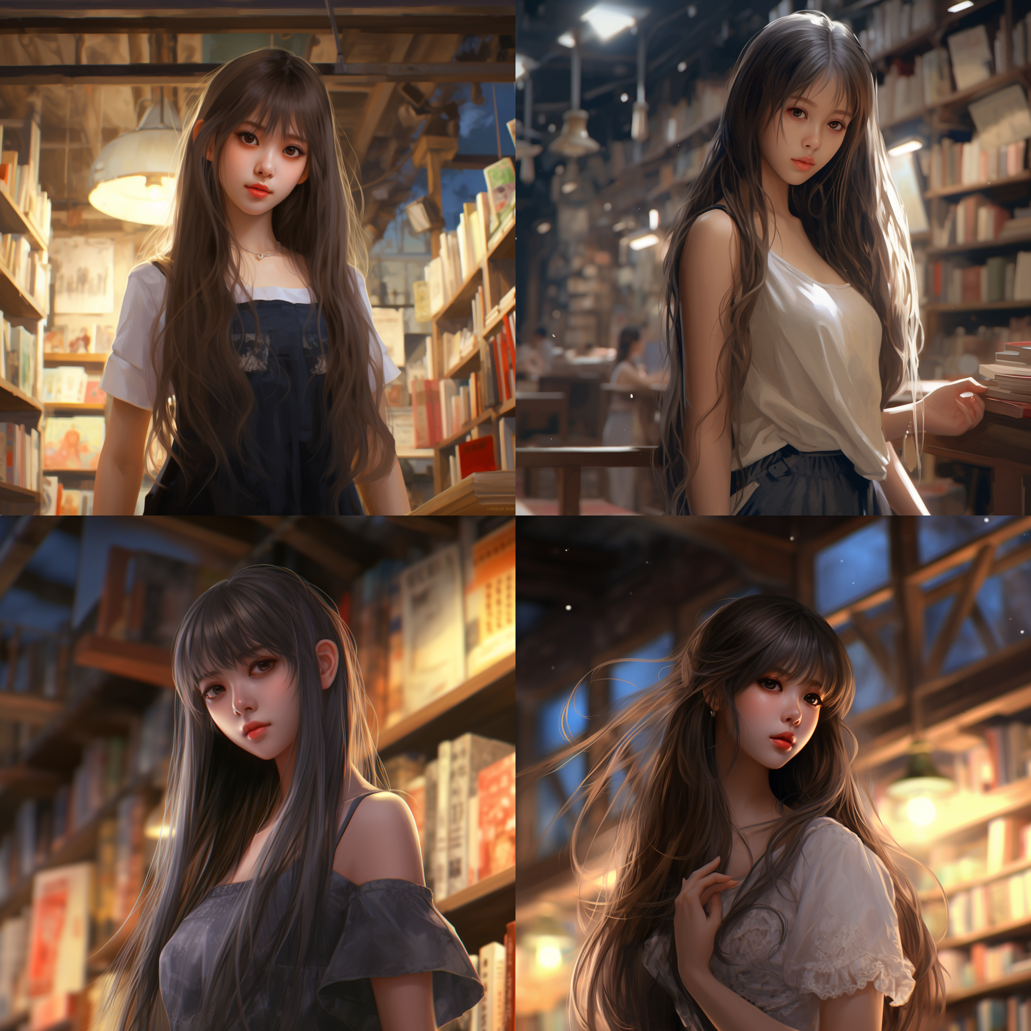 大师作品，最好画质，令人惊叹，精细细节，极度美丽的中国女孩，长直发，漂亮的刘海，头发细节详细，爱心瞳，第一人称视角，站立(一字肩:1.4)，(超短裙:1.3)，(书店背景:1.4)