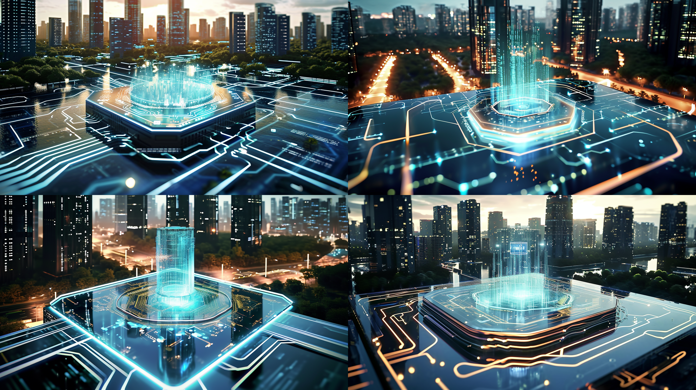 结合三幅图，体现智能、科技、水、城市几个元素