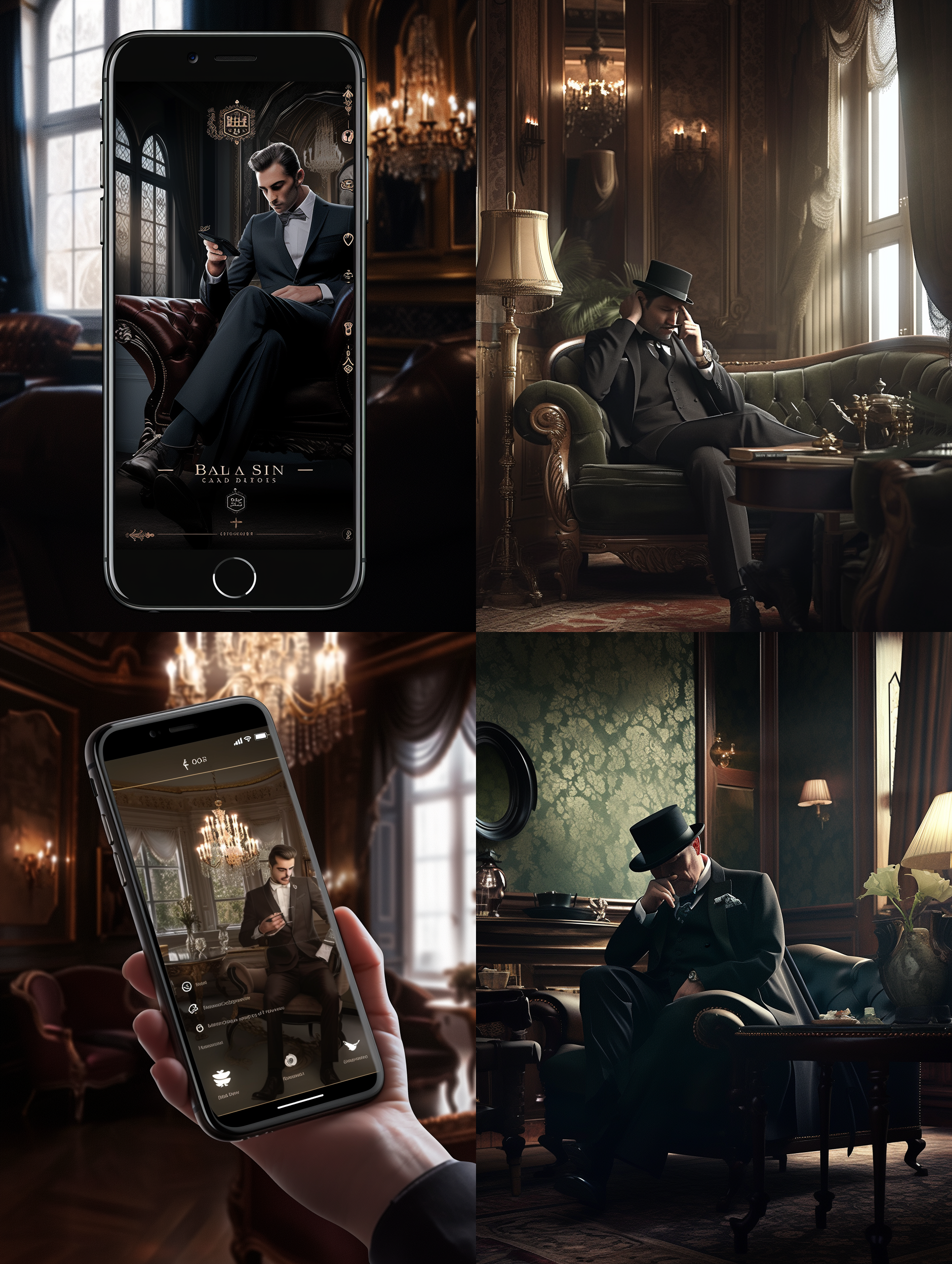 姓白的大地主，坐在豪华沙发上玩手机。他穿着西装，头戴礼帽，周围是豪宅的奢华装饰。光线柔和，通过落地窗照射进来，创造出高级感。照片采用对角线布局，突出主体的身份和地位。手机屏幕透出微笑表情，传达出轻松自在的生活态度。奢华，高级，放松，自在，现代，亮度，细节，富有。