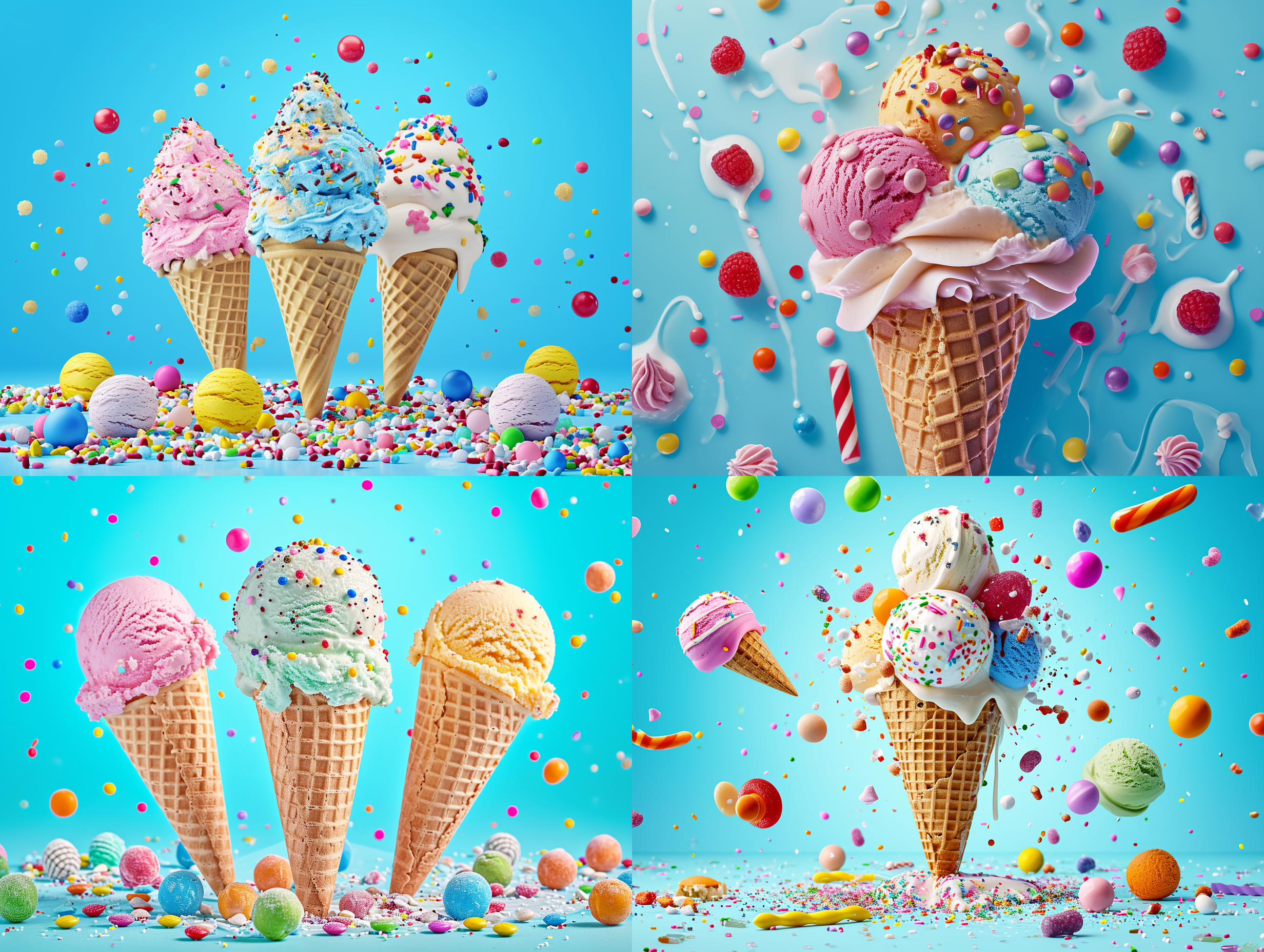 海报，一个蛋筒冰激凌的彩色数字插画，有三种不同口味的冰激凌球，周围是糖霜和糖果配料，明亮的蓝色背景，好玩和有趣的氛围，nikon d3，fisheye lens