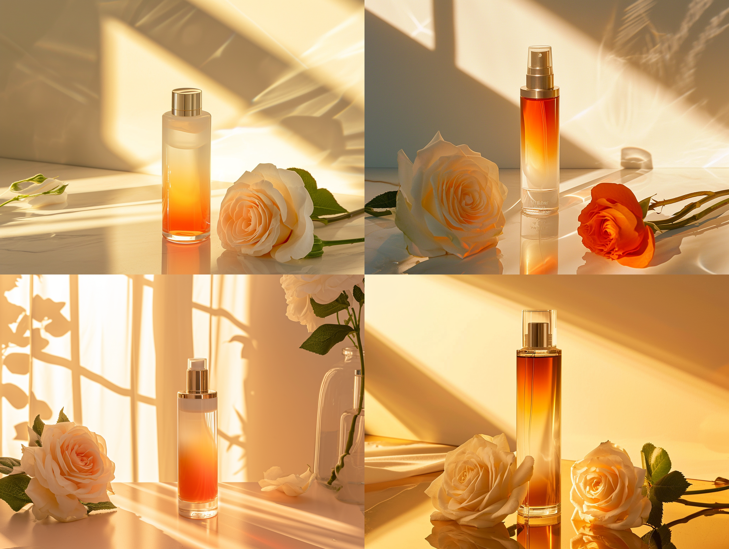 产品摄影，开放的梳妆台场景，左右两侧空白。阳光从左边照进来，整个场景笼罩在柔和明亮的金色色调中。梳妆台中央放着一瓶护肤水和一朵白玫瑰。圆柱形瓶体由玻璃材料制成，从上到下呈橙色到白色渐变色，瓶盖具有金属光泽。阳光透过护肤水玻璃瓶反射，使用自然逼真的摄影、清洁、简单和相机聚焦的护肤水 充满阳光 居中构图 居中构图