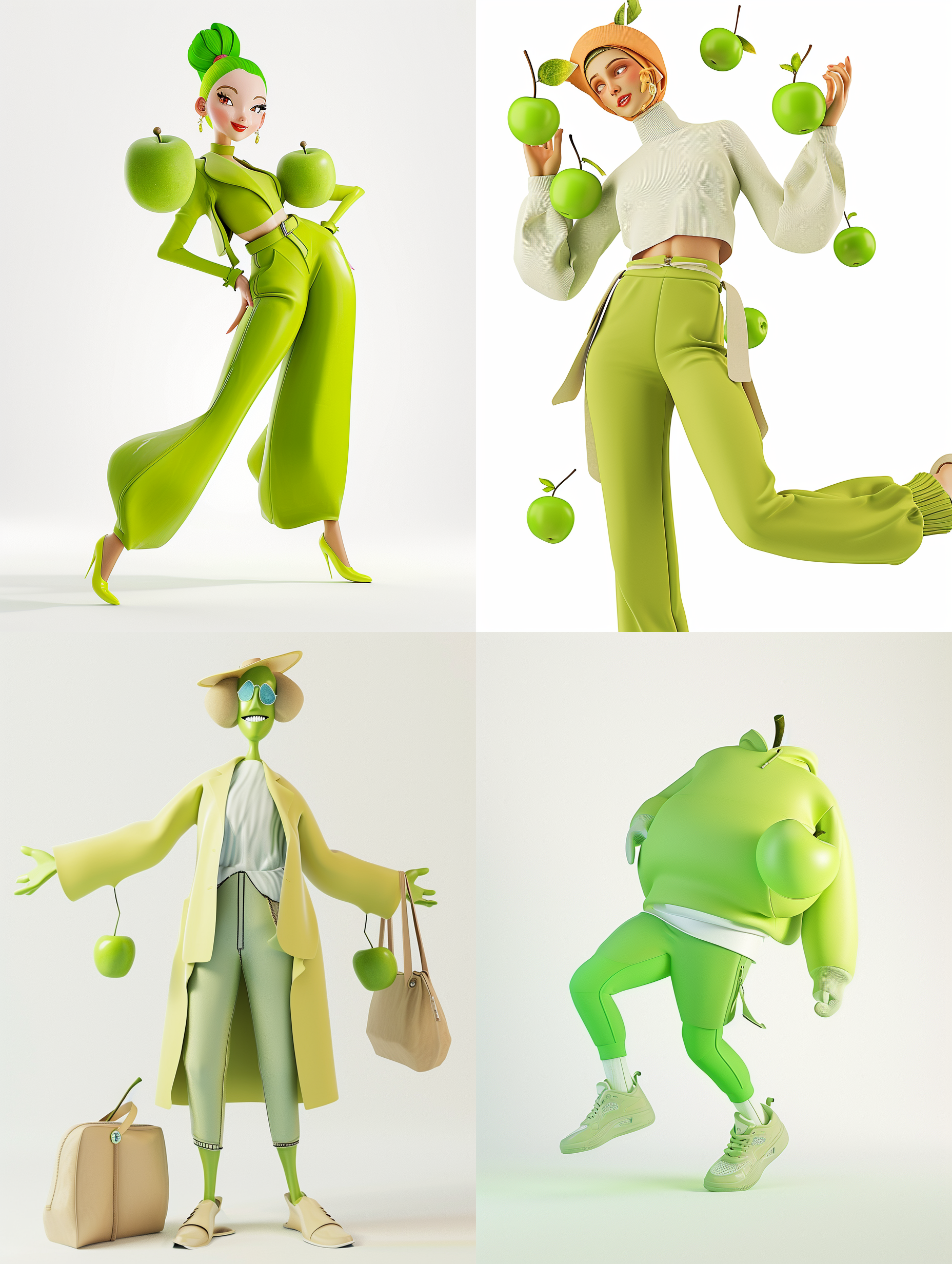 青苹果，卡通风格，时尚衣服，粘土材质，c4d渲染，鲜明色彩，清晰细节，柔和光线，动感十足，欢快氛围，白色背景。