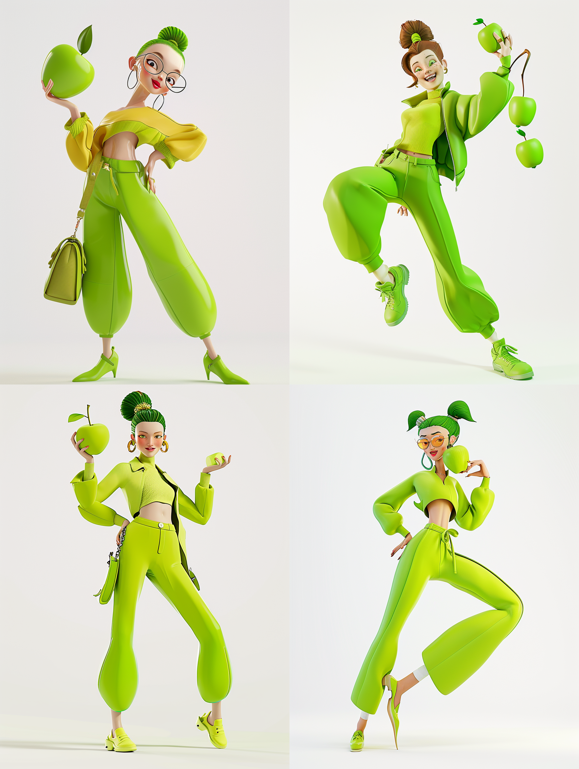 青苹果，卡通风格，时尚衣服，粘土材质，c4d渲染，鲜明色彩，清晰细节，柔和光线，动感十足，欢快氛围，白色背景。