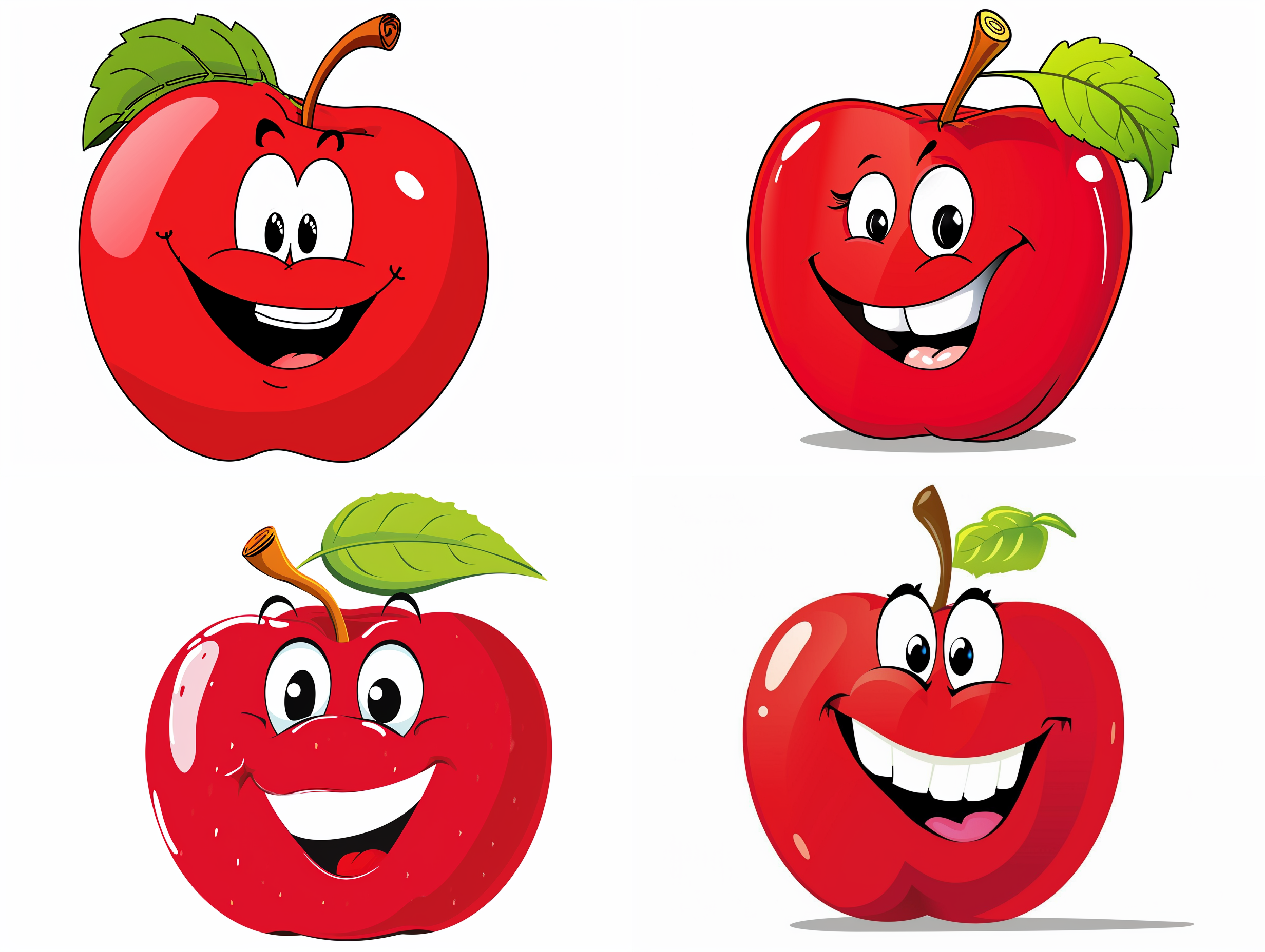 一颗开心的卡通苹果， 微笑，白色背景