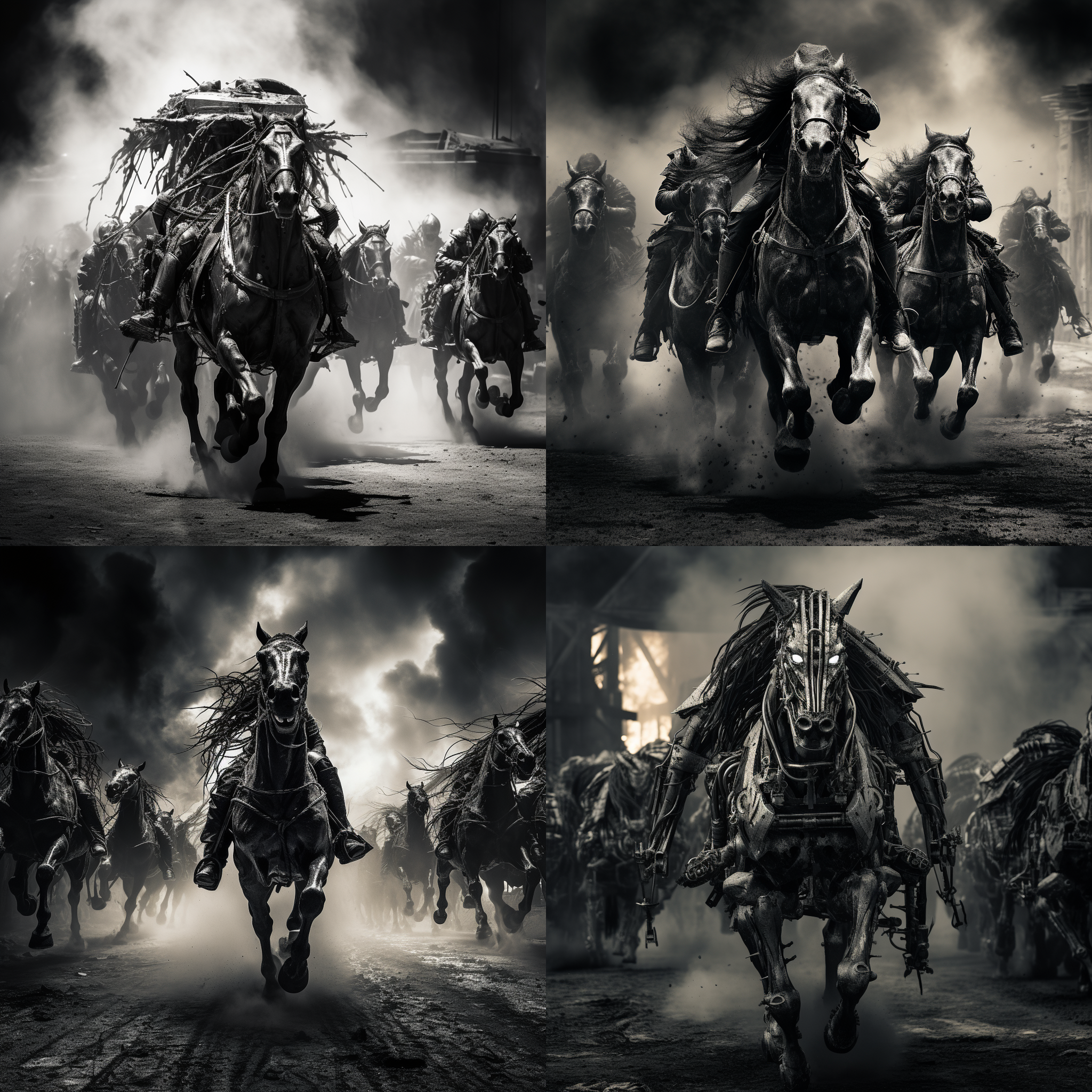 铁甲连环马，壮观的军事表演场景，庞大的规模，透视构图，黑白风格，广角镜头，高光和阴影的强烈对比，火焰喷射，速度感，震撼人心。