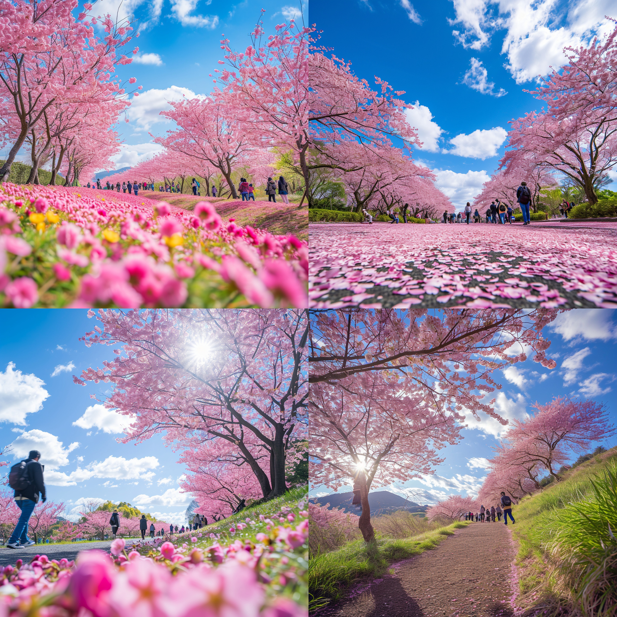 富山春机图，樱花盛开，大片的粉色花海，广角镜头，低角度拍摄，蓝天白云，明亮阳光，人们欢快地走在小径上，轻松愉快的氛围，自然纯真的表情，温暖的色调，欢乐。