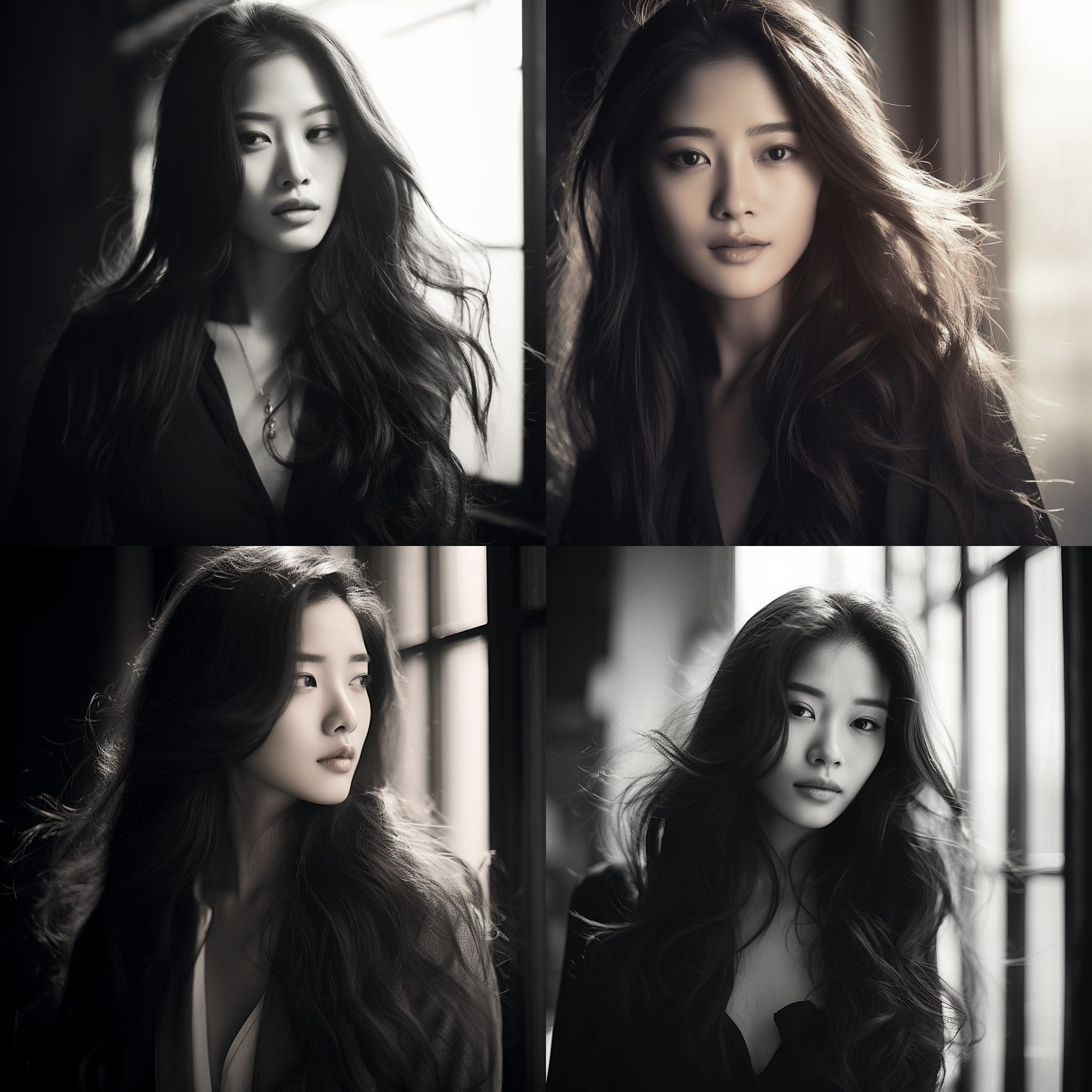 亚洲年轻女性，长发，黑白照片，近景特写，逆光，柔光，微笑，高饱和度，红唇，细节清晰，温暖色调，时尚风格，自信，优雅。