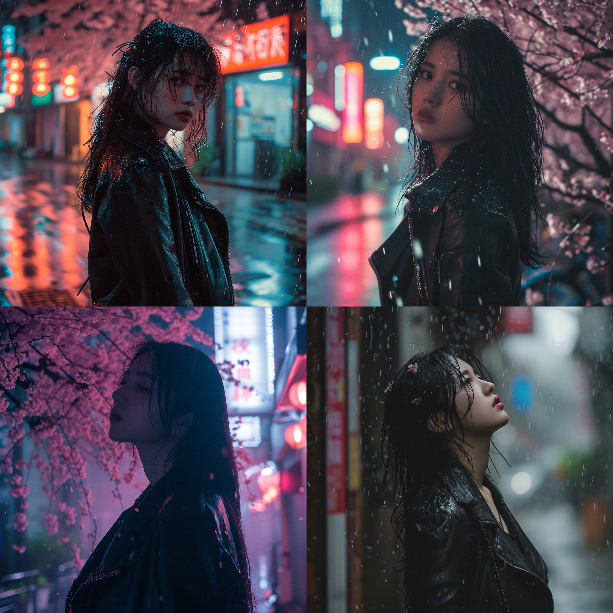 柯达照片拍摄，赛博朋克街道，樱花落下，下雨，亚洲少女，侧脸，伤感，皮夹克，高清细节