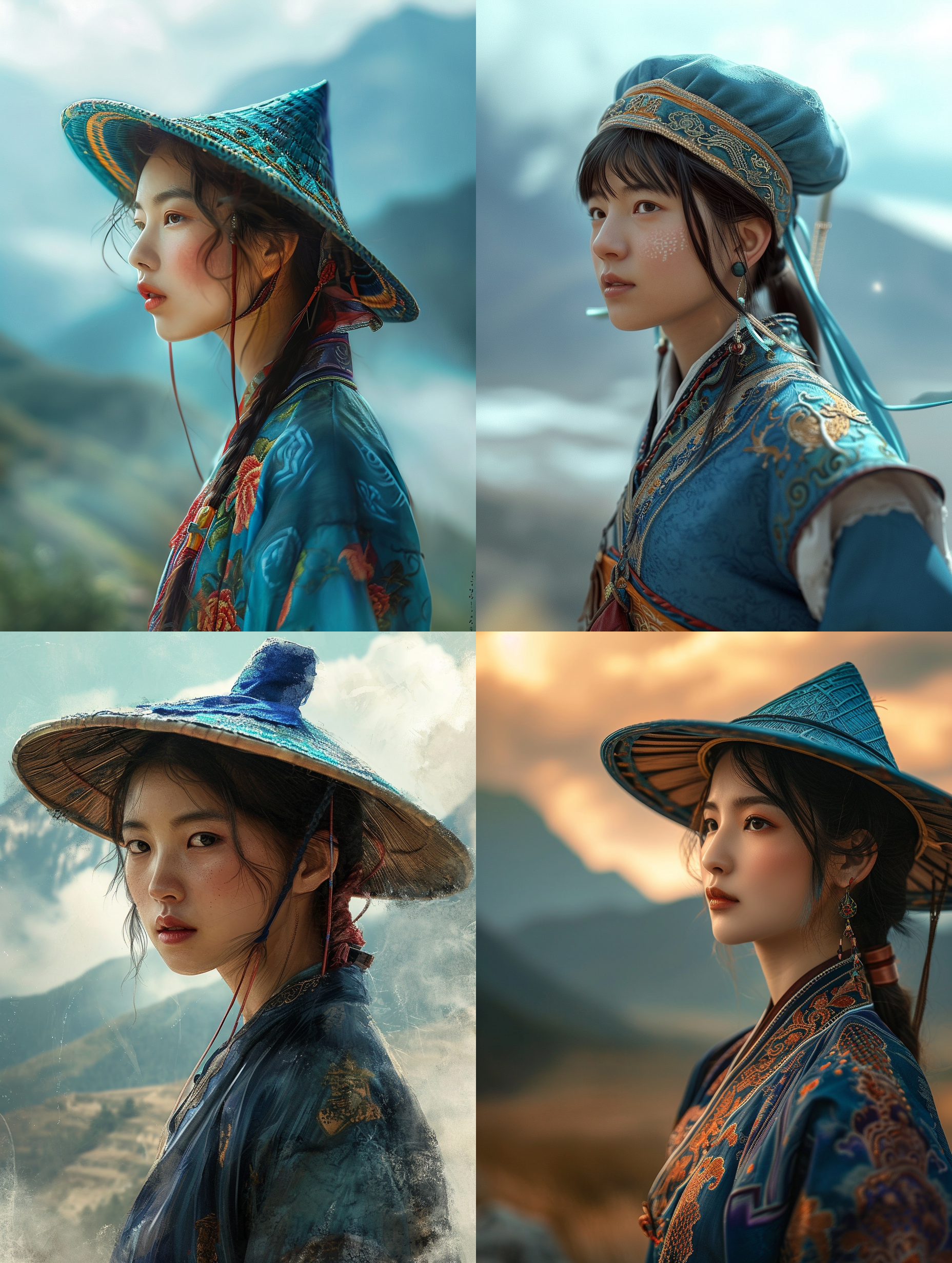 中国女孩，民族风格，带蓝色帽子，半身照，背景为模糊的大山和云,照片写实