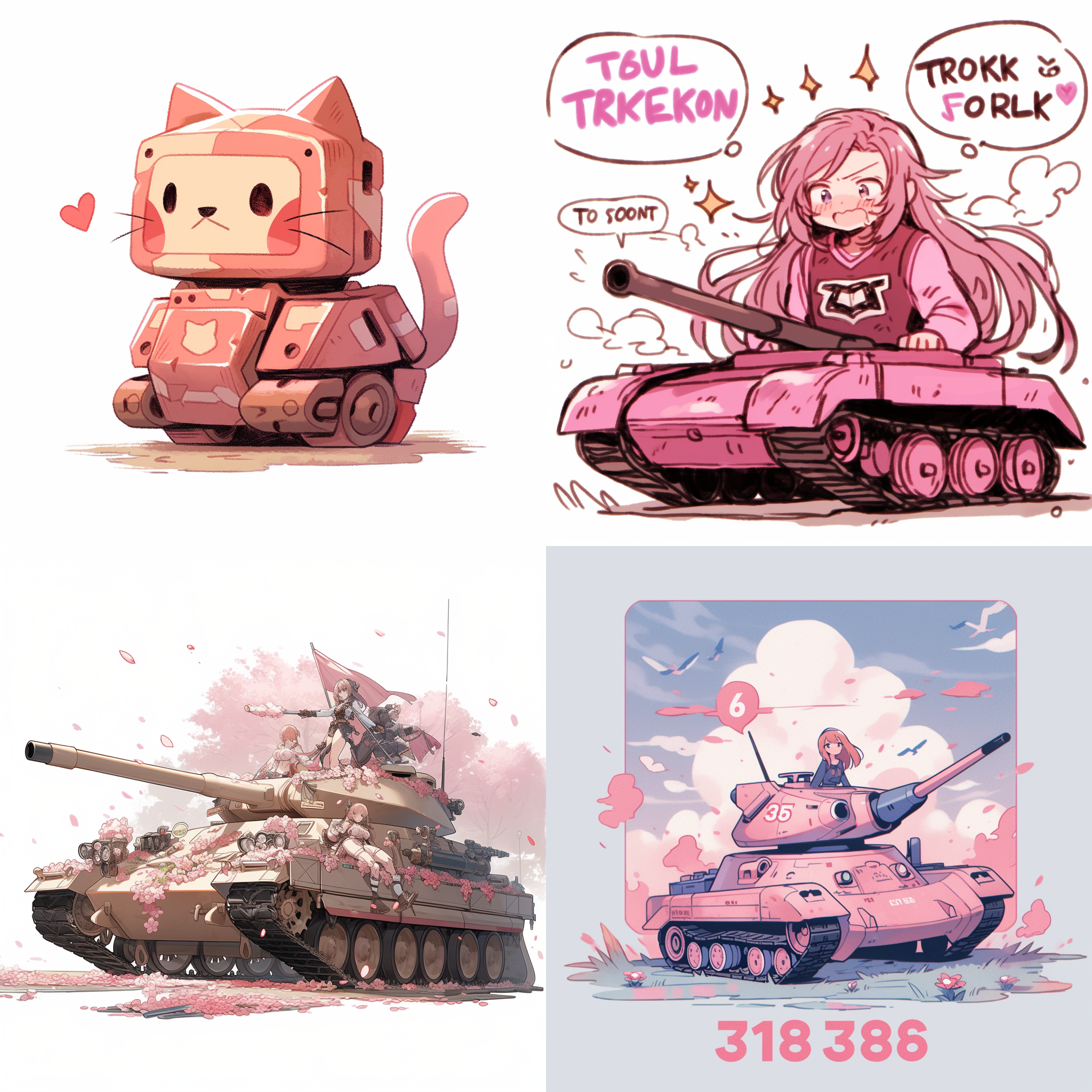 二维漫画风格，粉红色涂装的t34-85坦克，背景为粉红色的爱心