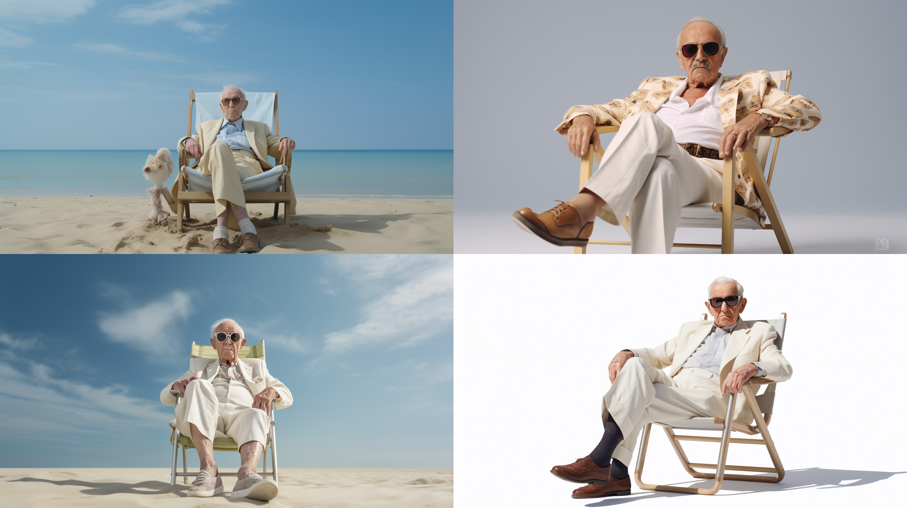 纯白背景 一位80岁的德国老先生 驼背坐在沙滩椅上 全身像 眼神颓废 大光圈 焦点在眼睛