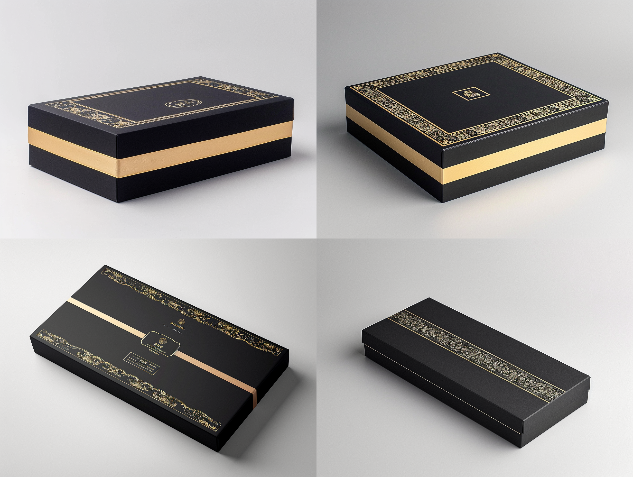 打包盒腰封设计，简洁而精致。以黑色为主调，金色边框点缀，突显高贵感。背景为纯白色，凸显整体清爽感。腰封上印有精美的花纹和文字，呈现出细腻的工艺感。光线适中，不过分强烈，使整个设计更加柔和。设计风格简约大方，彰显品牌的专业形象。设计元素突出产品特点，给人一种高质感的感觉。