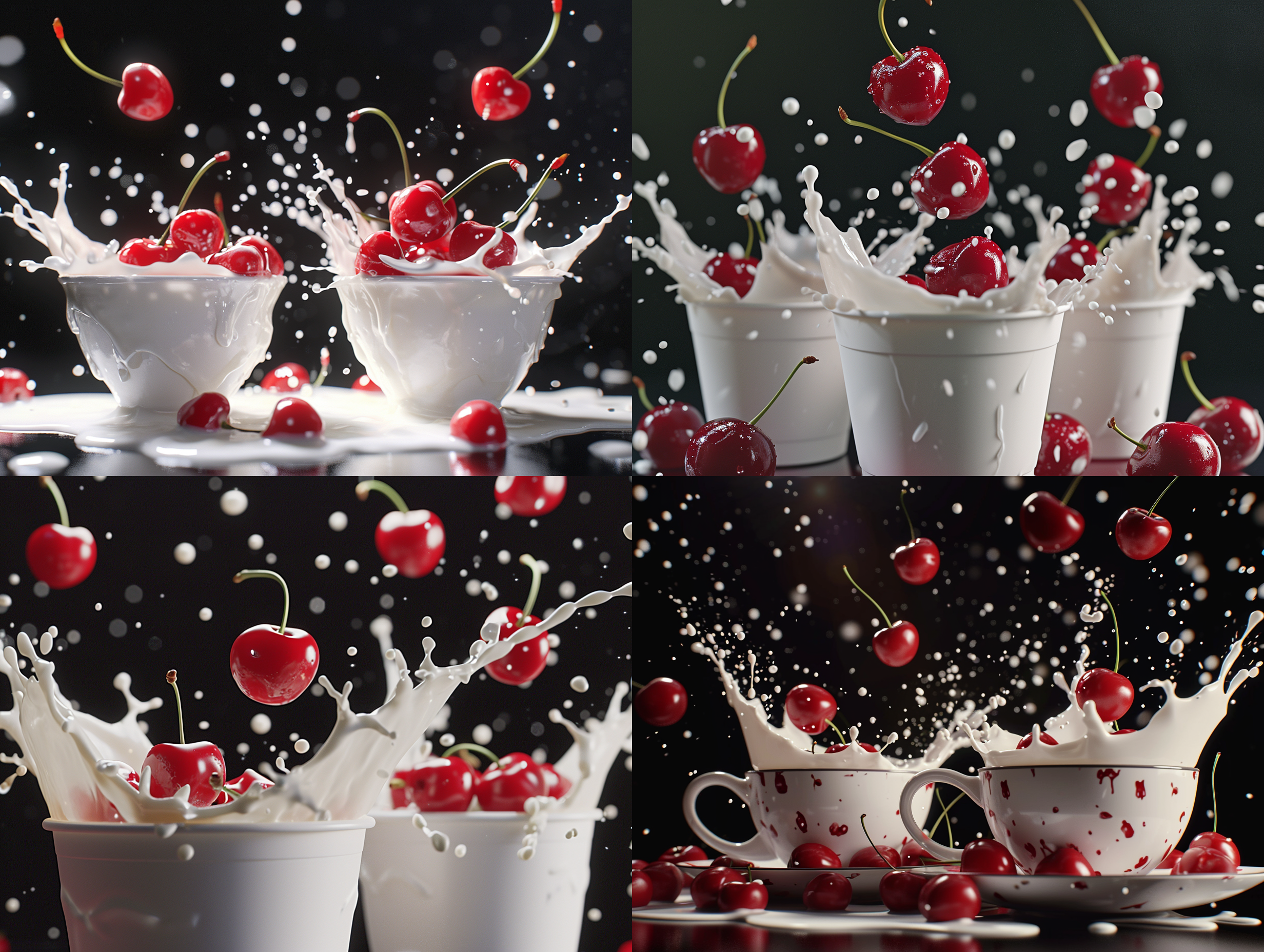 樱桃在牛奶杯里，溅出来的牛奶，空中飘落着樱桃，超真实写真，c4d，3d，高清，黑色背景 充满阳光