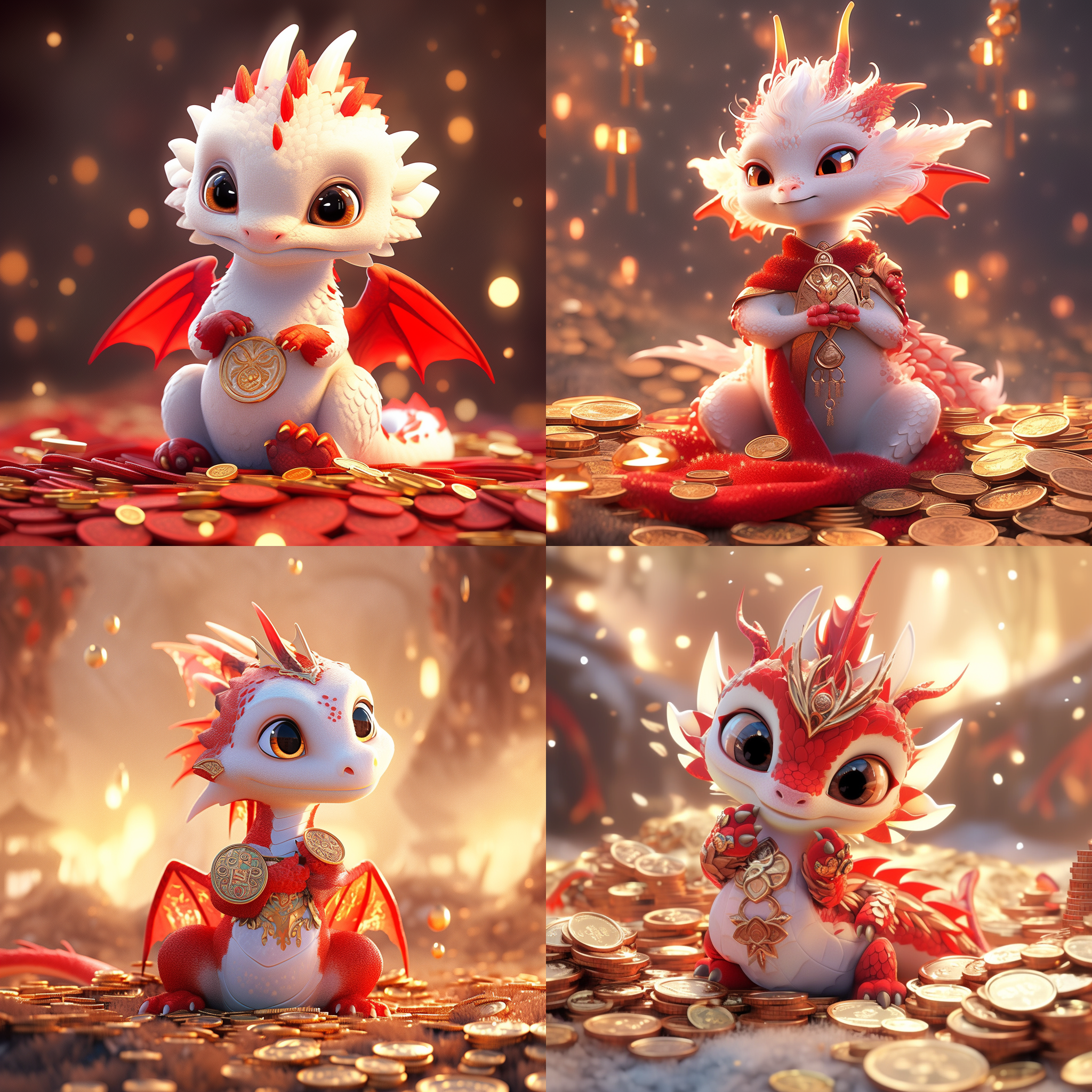 可爱的人形化小白龙穿着优雅的红色汉服，手持金币，地面上铺满了金币，大眼睛，中国文化，zbrush，全身肖像，精细细节，电影般的照明，复杂的细节，octane渲染，8k，皮克斯风格，9:16宽高比。 卡通 三维 色度风格