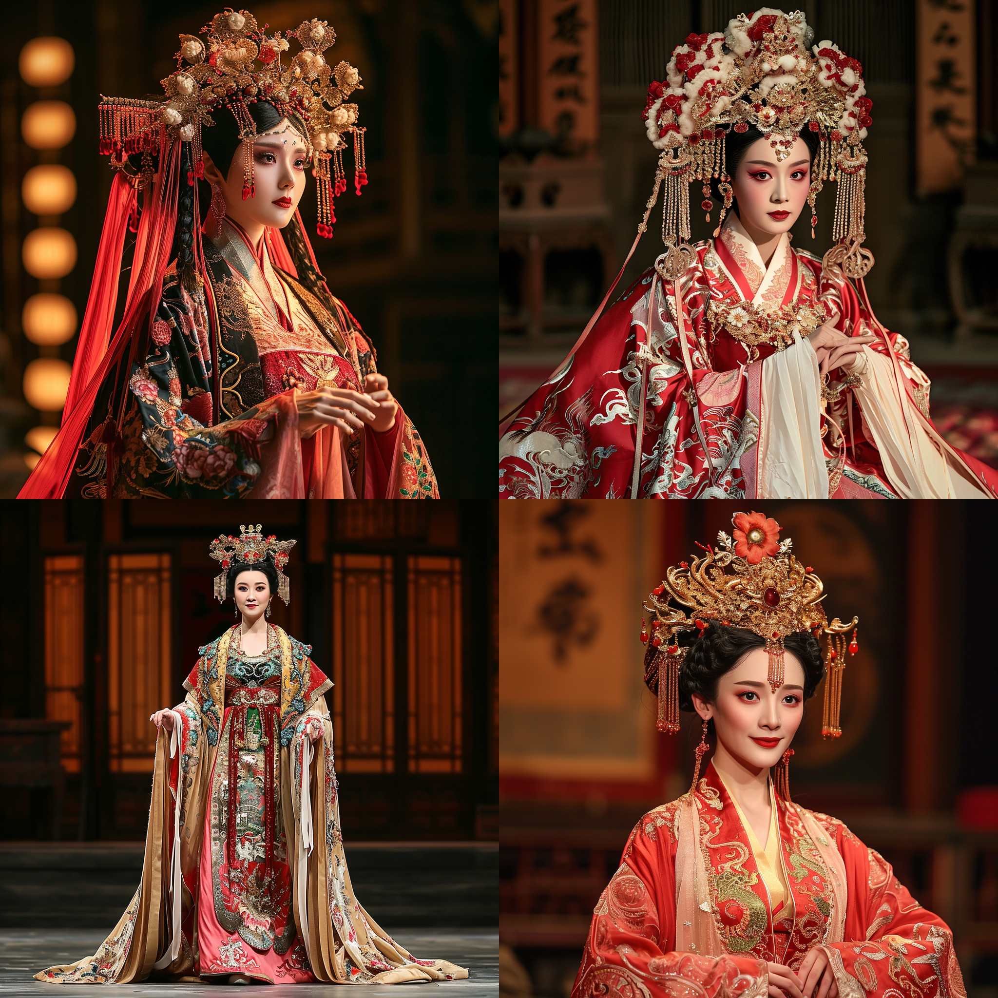 黄梅戏女演员，身着华丽传统戏服，优雅地扮演角色。舞台背景是一片宏伟的古代宫殿，光线柔和而温暖。画面采用鸟瞰角度，展现出女演员的高贵气质。色调以红色和金色为主，突出戏剧性和豪华感。表情丰富，展现出女演员的悲喜交加。