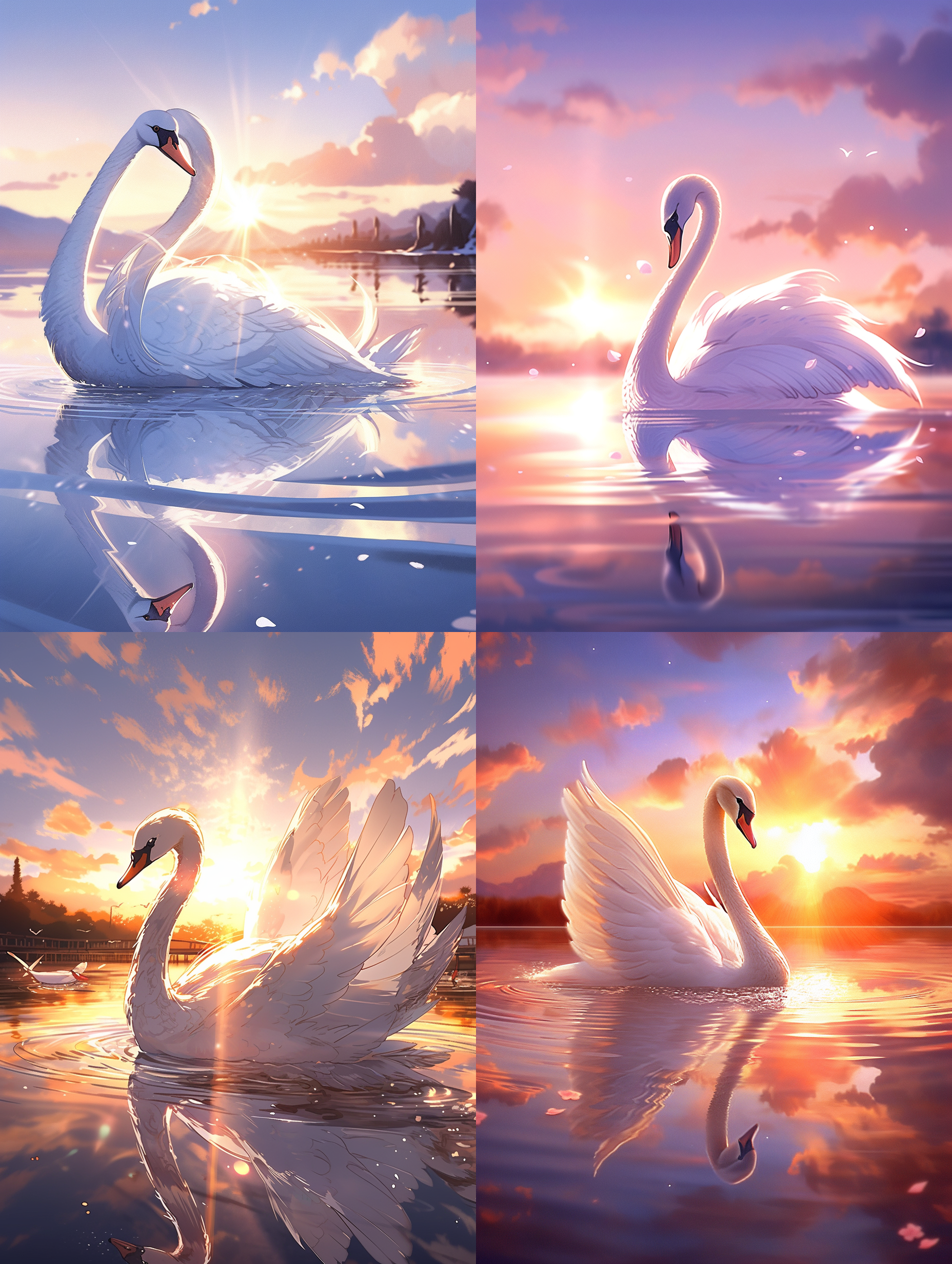 天鹅形象，绚丽景色，水中倒影，夕阳照射，舞动翅膀，细长颈项，羽毛柔软，雪白色调，优雅飘逸，镜头追焦，广角透视，水面涟漪，宁静。