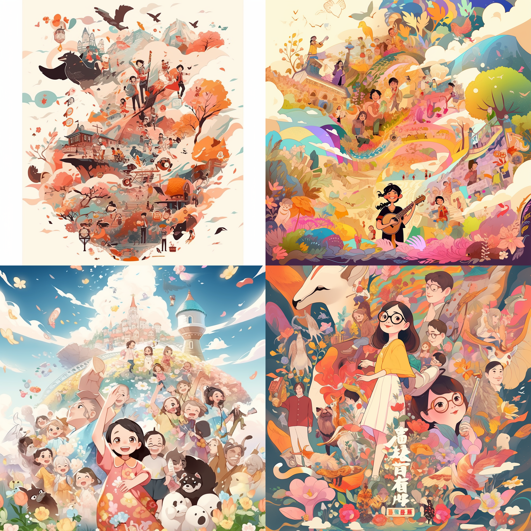 插画风格海报，色彩丰富，细节丰富，主题突出。明亮的环境，柔和的光线照射在画面上，给人温暖的感觉。画面中有多个元素，如花朵、动物、人物，云朵等，构成了一个生动的场景。整体风格活泼而有趣，给人以愉悦和惊喜的感觉。