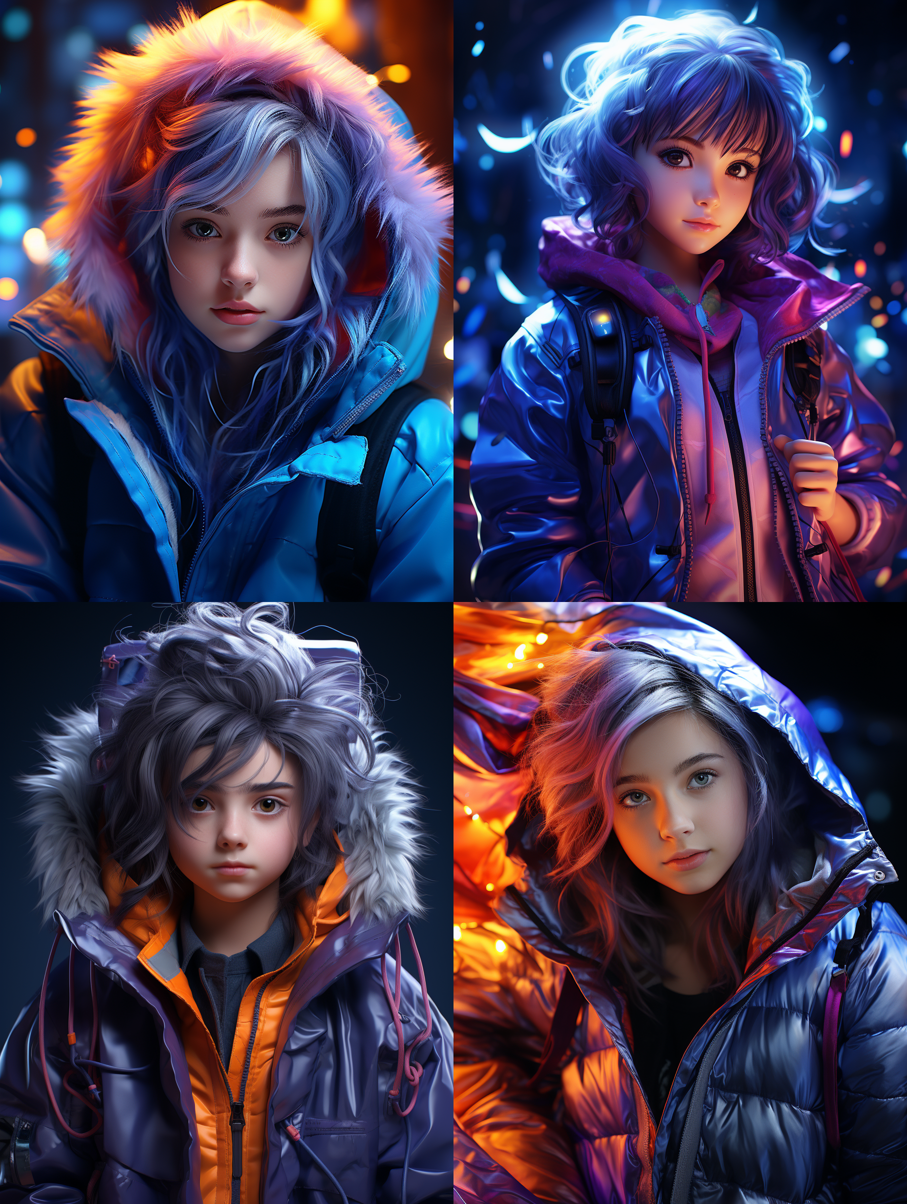 蓝紫色头发的中国小女孩，穿五颜六色的衣服，强烈的背光照射，对比强烈 背光 oc渲染器 赛博空间 背光 oc渲染器 赛博空间 背光 oc渲染器 赛博空间