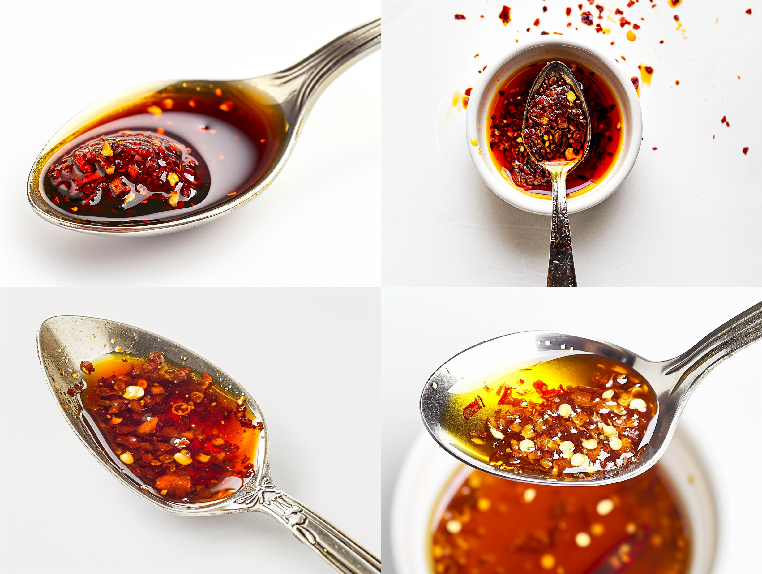 勺子舀起的辣椒油，白色背景