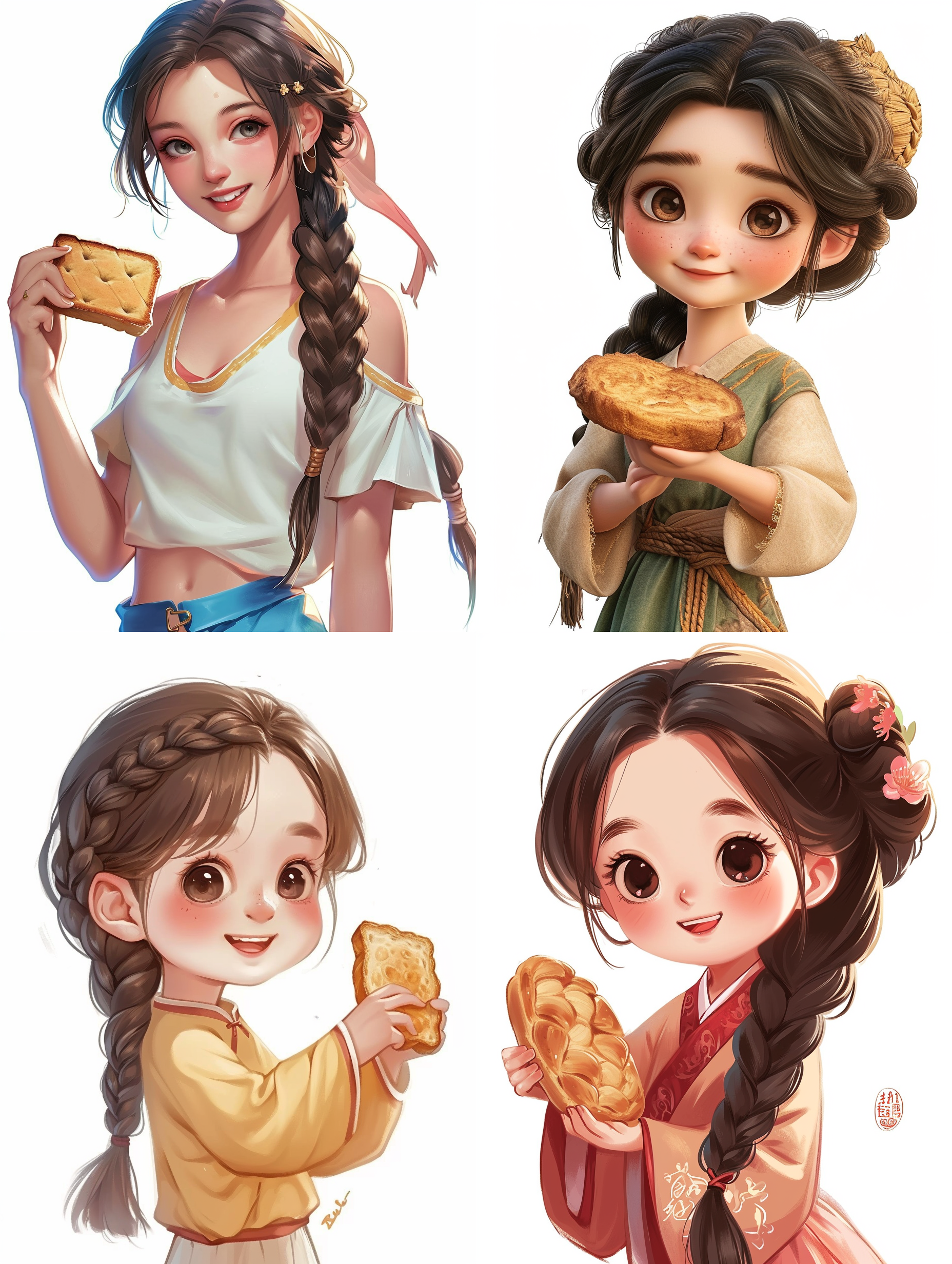 麻花辫中国卡通女孩，手里拿着一片吐司，白色背景，中央构图，明亮光线，纯净感，微笑，自然表情，细节清晰，青春活力。 