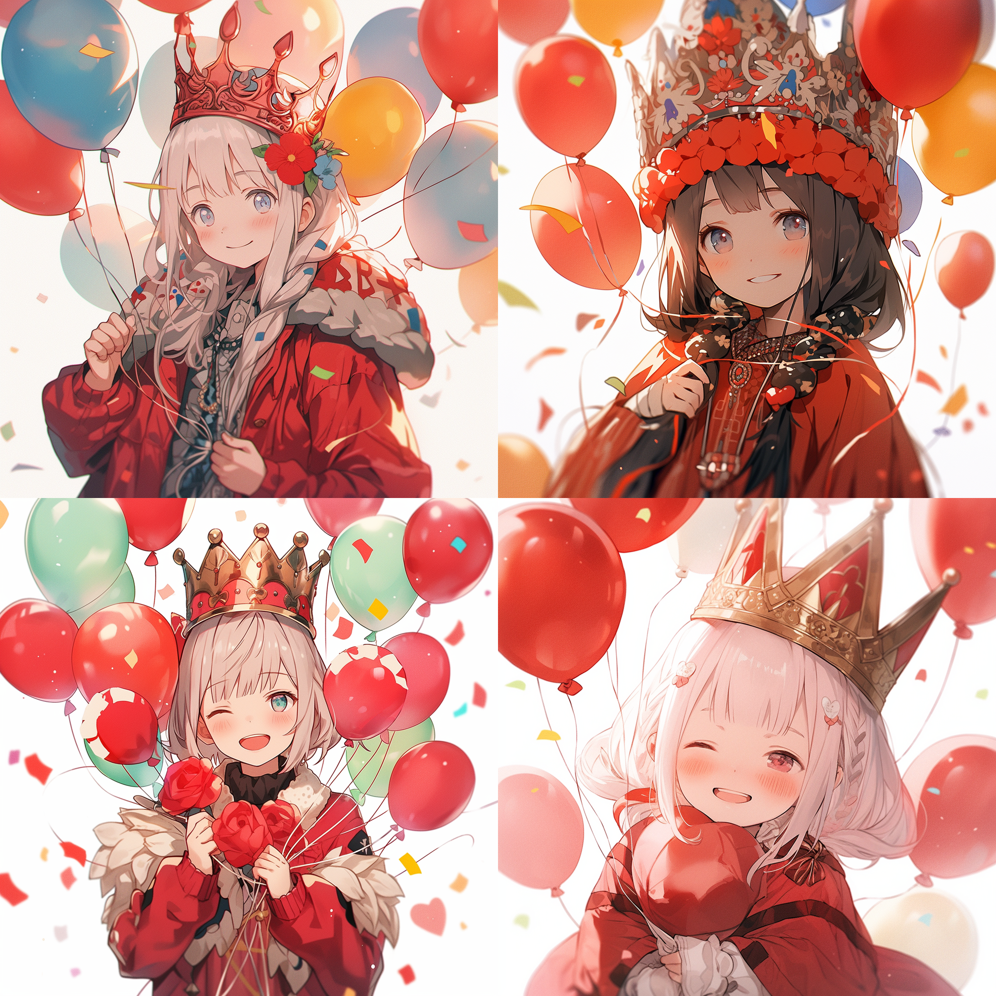 7岁女孩，皇冠气球帽，红色衣服，微笑，白色背景，正面拍摄，自然光，柔和色调，浅景深，竖向构图，愉悦，天真，灵动。