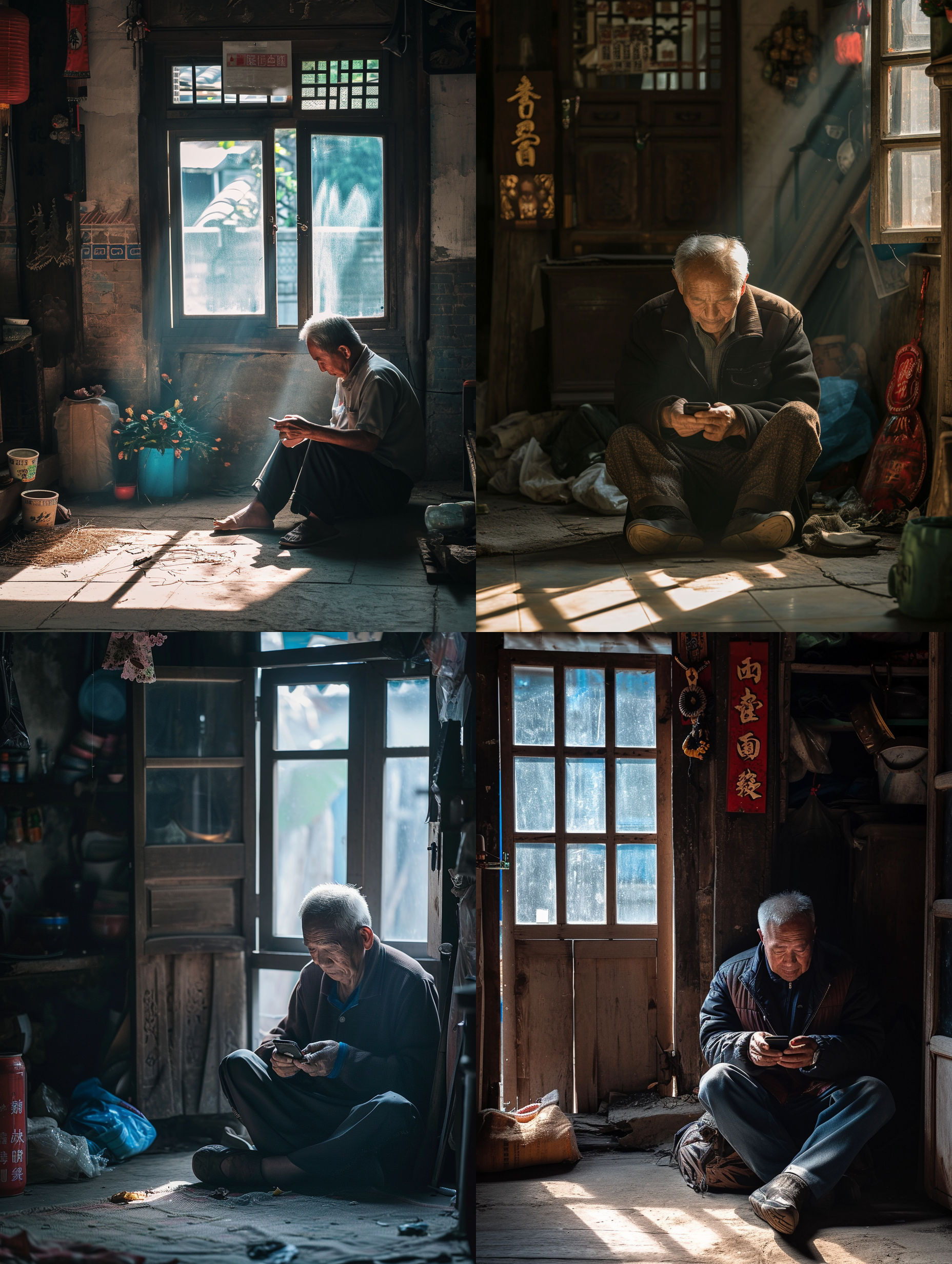 中国农村，一位姓白的大地主，坐在地上玩手机。周围是贫穷装饰。光线柔和，通过落地窗照射进来，创造出高级感。照片采用对角线布局，突出主体的身份和地位。手机屏幕透出微笑表情，传达出轻松自在的生活态度。放松，自在，亮度，细节，