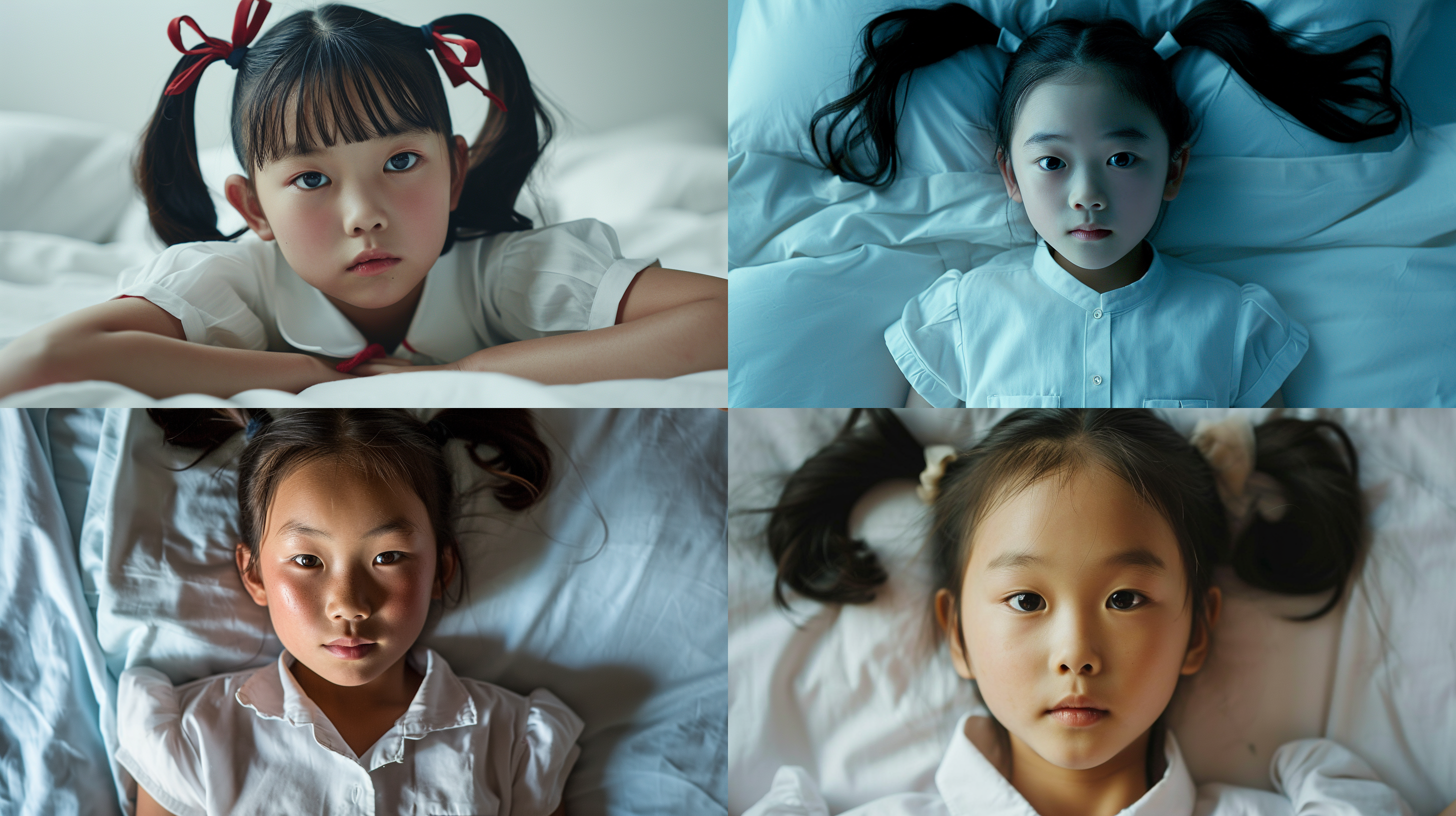 9岁双马尾中国女孩，皮肤白皙，穿白色短袖校服，瘦胳膊，细脖子。真实皮肤。真人，在床上仰躺着。 