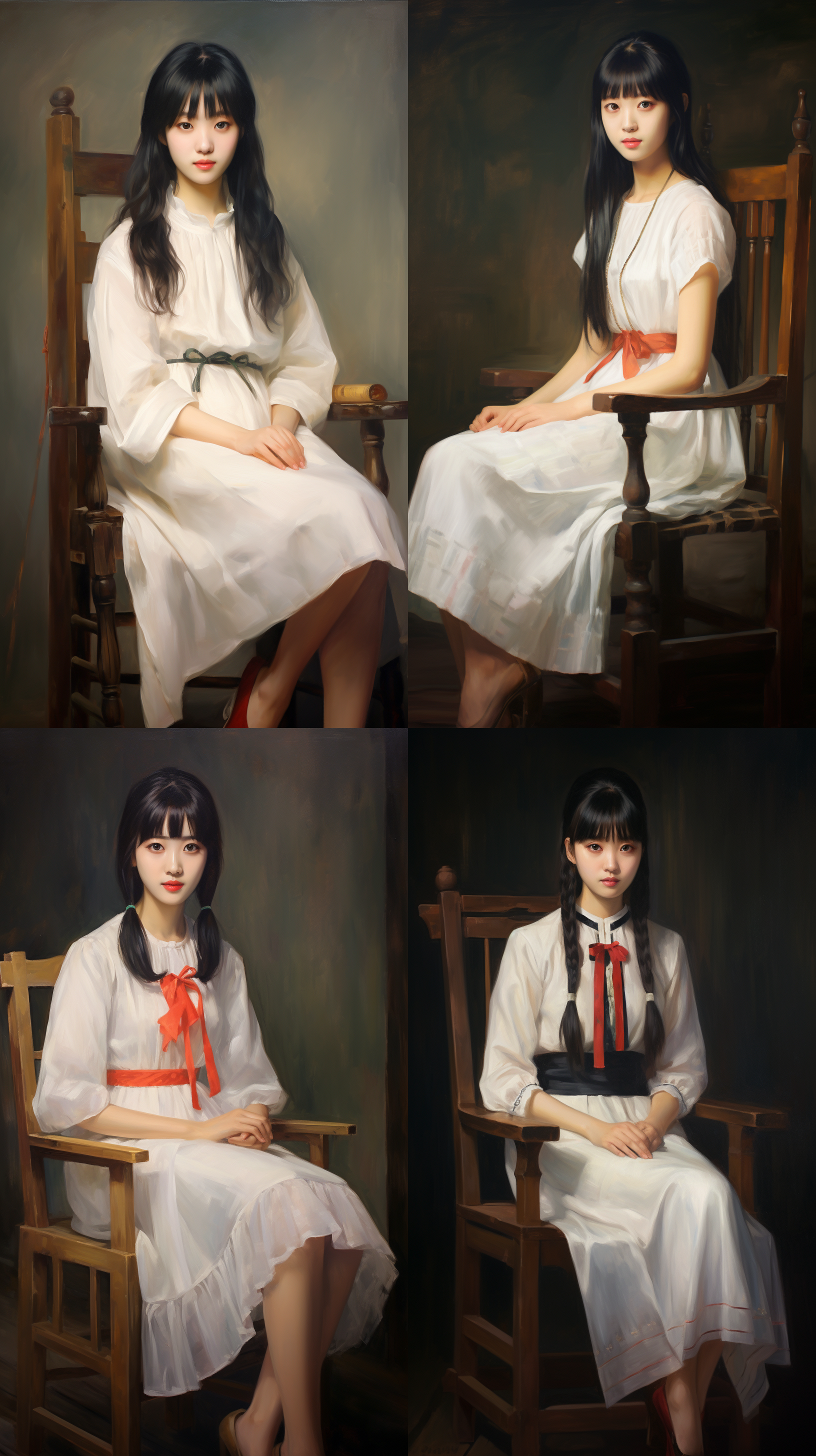 一个真实的中国30岁左右女性，齐刘海，很长的黑色头发，杏眼，鼻子不高，嘴巴小小的很红，穿着一条白色的简单款背心裙子，坐在一张木椅上，整体是油画效果，油画笔触很明显，艺术大师绘画，油画，美丽，漂亮可爱，大气明媚