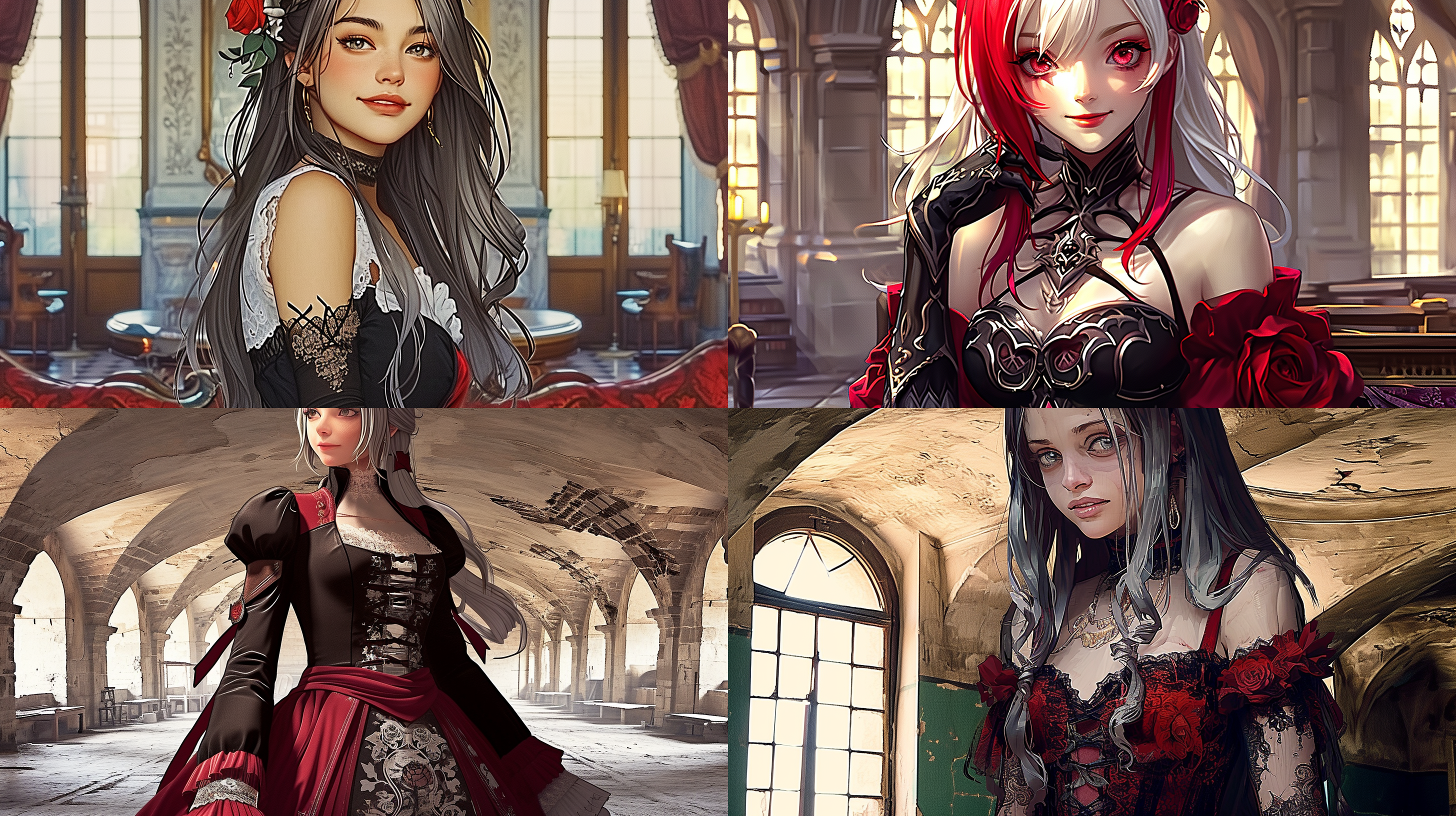 中世纪城堡，弧形构图，古老石墙，朦胧光线，微笑回眸，长发飘逸，复古色调，迷人表情，人像摄影，柔焦效果，浪漫氛围，优雅姿态。 上古卷轴 日本版画 古代 英雄联盟