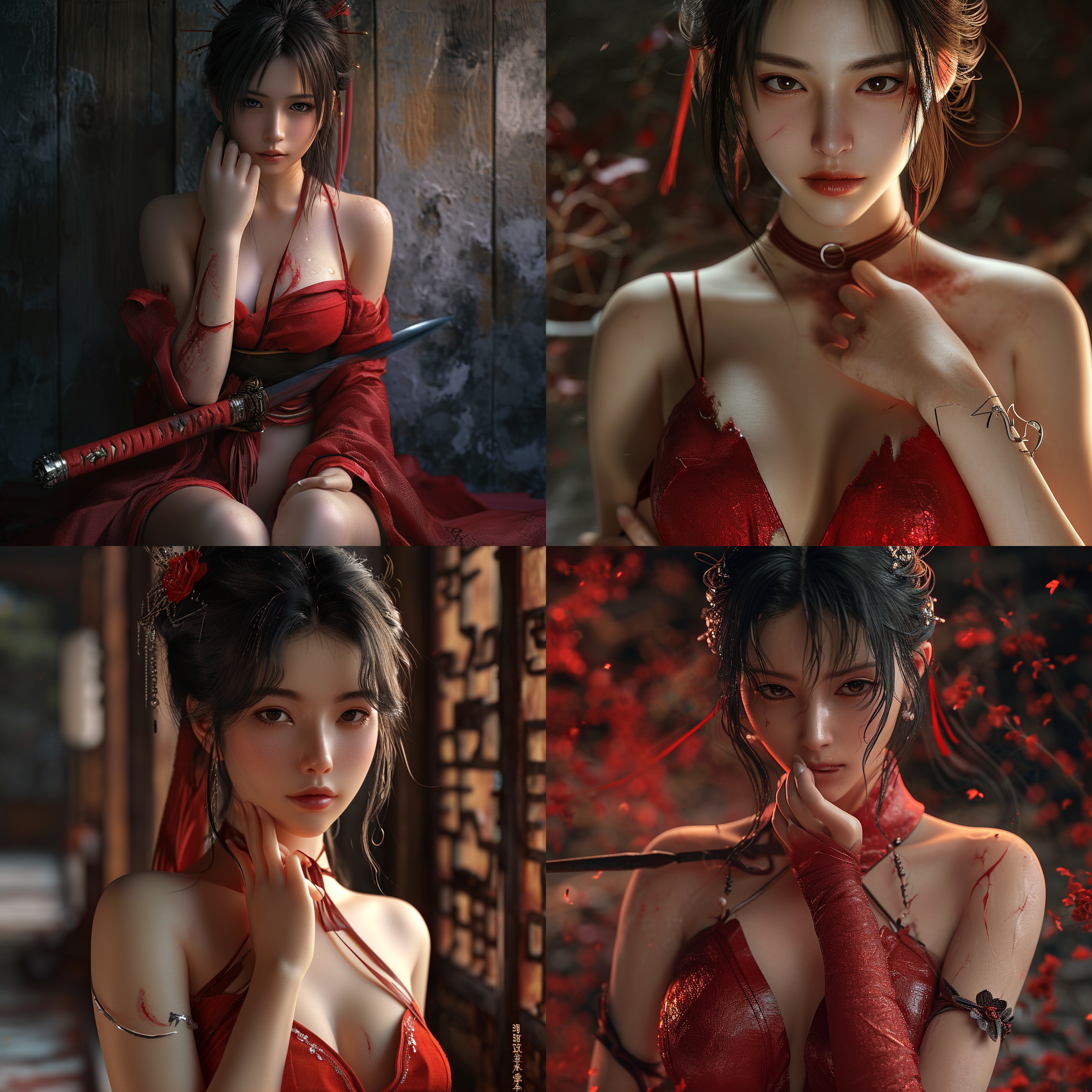 这位中国玄幻女子的脸很漂亮，穿着一袭红衣，外面的腿白皙光滑。她似乎是受了伤，一只手捂着胸口，一只手抓着残破的剑，眼神凌冽看着前方。这张照片具有电影般的真实感，8k的分辨率展现了每一个精致的细节。确保最高水平的完成，呈现出精湛的cg艺术杰作。