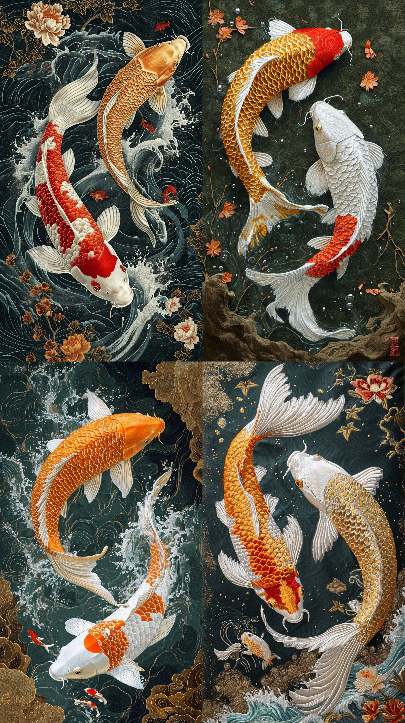 中国平绣，平面装饰艺术，平面装饰画，两条金白鲤鱼，中国图腾，灵动，大气，光线追踪，超​​高清，解剖学正确，准确，超细节，高细节，最好的质量，获奖，16k
