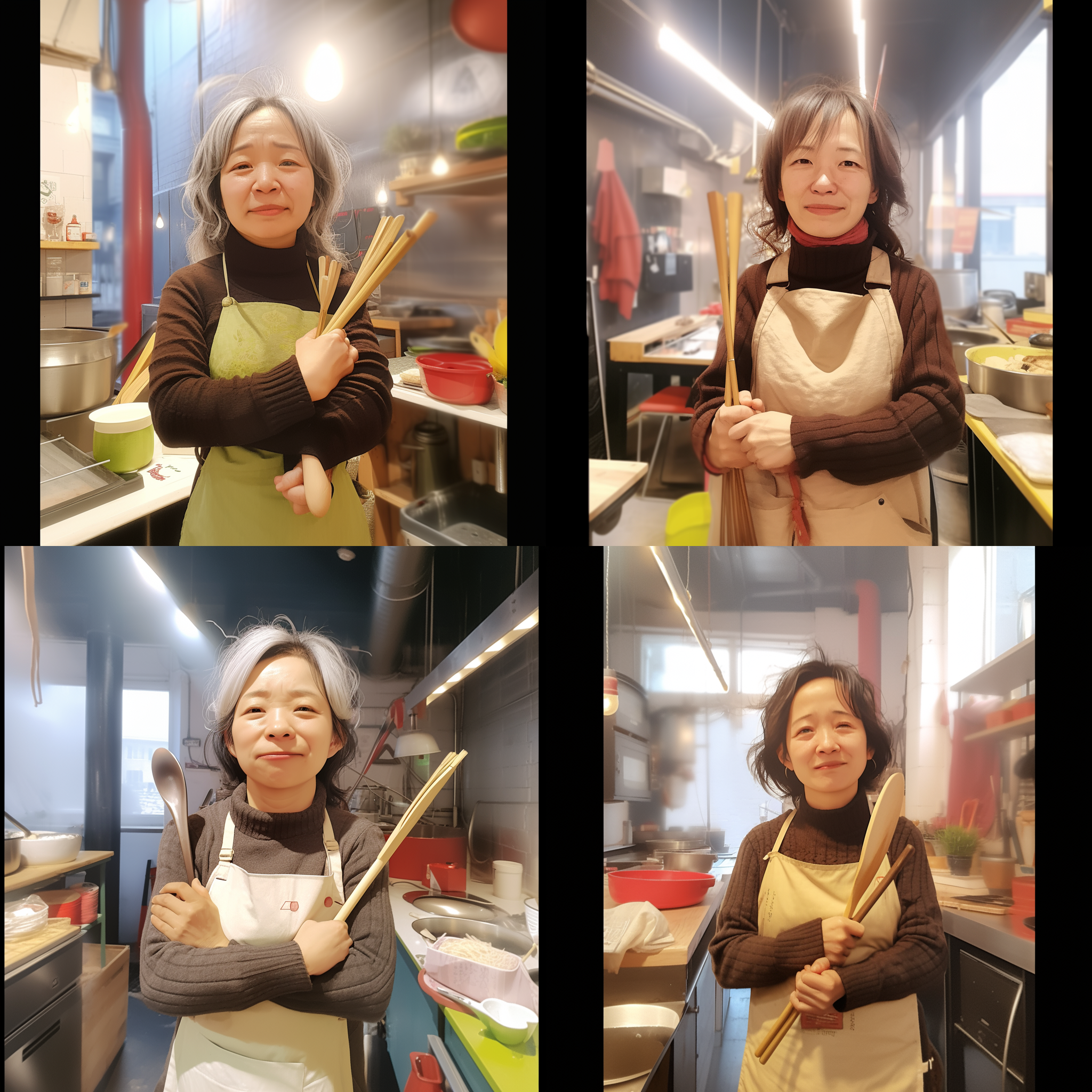 人物微笑，勺子和擀面杖放大，明亮的室内环境，柔和的色调，标准镜头，自然光，平静动作，温馨感，幸福氛围。