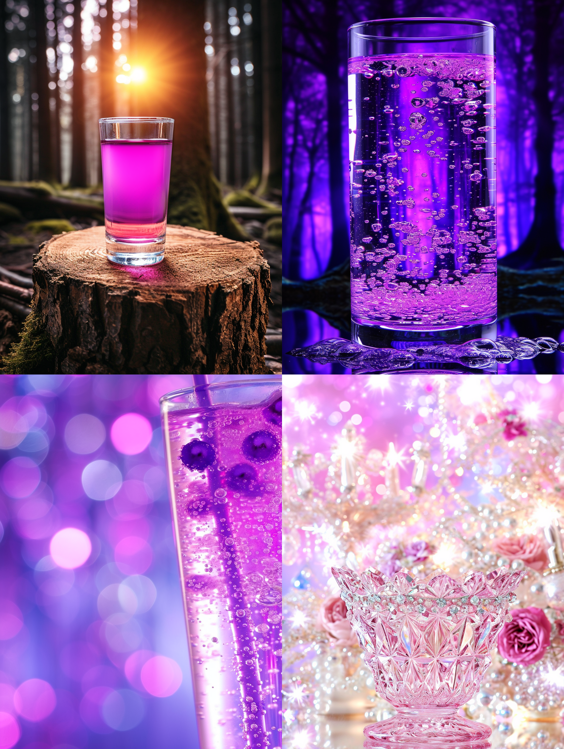 儿童水杯，粉色紫色渐变，特写，高清晰度，明亮颜色，柔化焦点，魔法森林背景，浅景深，童话风格，电影光照
